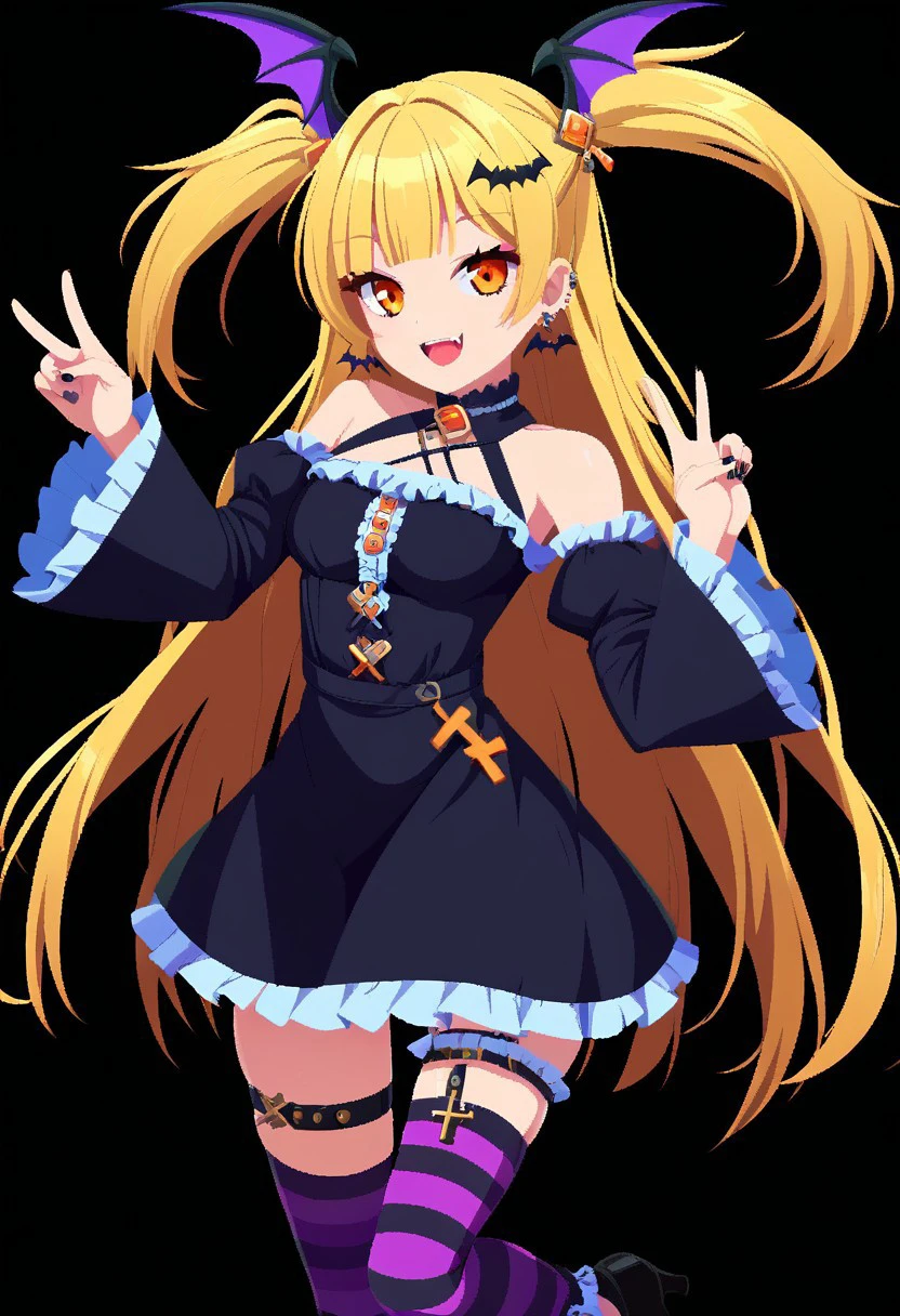 characterpic, 1girl, solo, long hair, looking at viewer, smile, open mouth, blonde hair, simple background, hair ornament, thighhighs, long sleeves, dress, bare shoulders, jewelry, very long hair, standing, earrings, frills, detached sleeves, wings, striped, blunt bangs, black footwear, black dress, high heels, two side up, orange eyes, v, thigh strap, piercing, bat wings, x hair ornament, black background, head wings, black nails, striped thighhighs, cross earrings,cowboy shot,