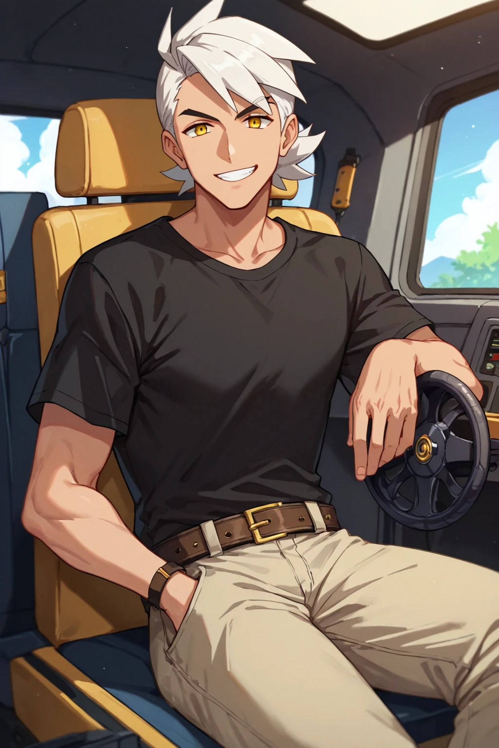 (score_9, score_8_up:1.1), score_7_up, high res image,masterpiece, professorfriede, 1boy, solo, white hair, yellow eyes, short sleeves, black shirt, belt, beige pants, smile, sitting, pilot's seat