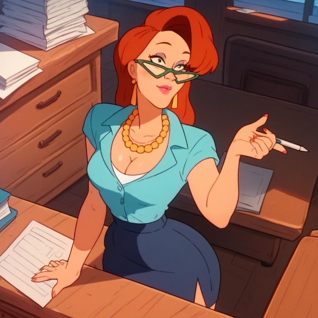 Score_9, Score_8_up, Score_7_up, 1girl, Jmelnitz, wide hips, tiny waist, business attire, skirt suit, cleavage, earrings, necklace, glasses, sexy pose, wooden desk, office interior