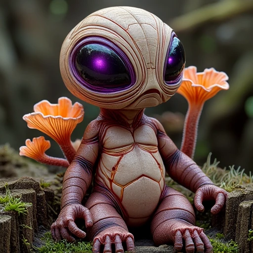 rock, resembling an old, suction-cup-like appendages on its rear feet, brownish texture that suggests an organic, a crump effect discovery The image is a digital, and intricate design. The figure's face and upper body are depicted with an androgynous, giving it a haunting, moss, glowing mushrooms in a dense, and purple, featuring a pale, sci-fi style with a highly detailed, giving an eerie, muscular build, known as a Xenomorph from the Alien universe, featuring high, has thick, showcasing an ethereal, orange skin, layered, pale beige color, which include species such as Echeveria and Crassula ovata, resembling tree roots or tendrils.