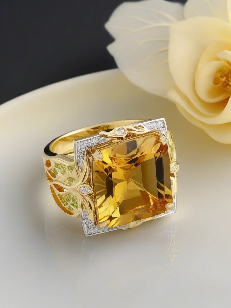 J_gem,
A bold statement ring with a square-cut citrine, golden yellow, surrounded by a halo of tiny round diamonds set in yellow gold. The ring band features a leaf motif, with engraved vines and small diamond accents. The black background and soft lighting emphasize the citrine's warm glow and the intricate detailing on the band.