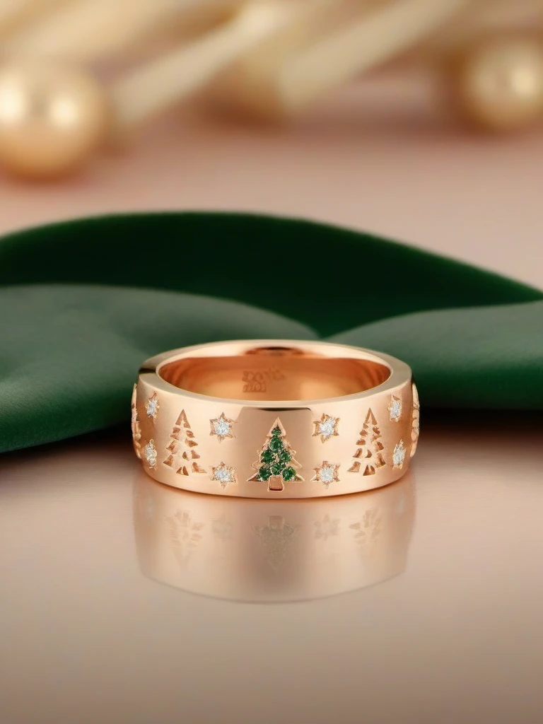 J_gem,
Ring: A minimalist band ring in rose gold, featuring an engraved pattern of tiny Christmas trees and snowflakes. The simple design includes small diamond accents along the band for subtle sparkle. The background is a rich green velvet texture, adding depth and contrast.