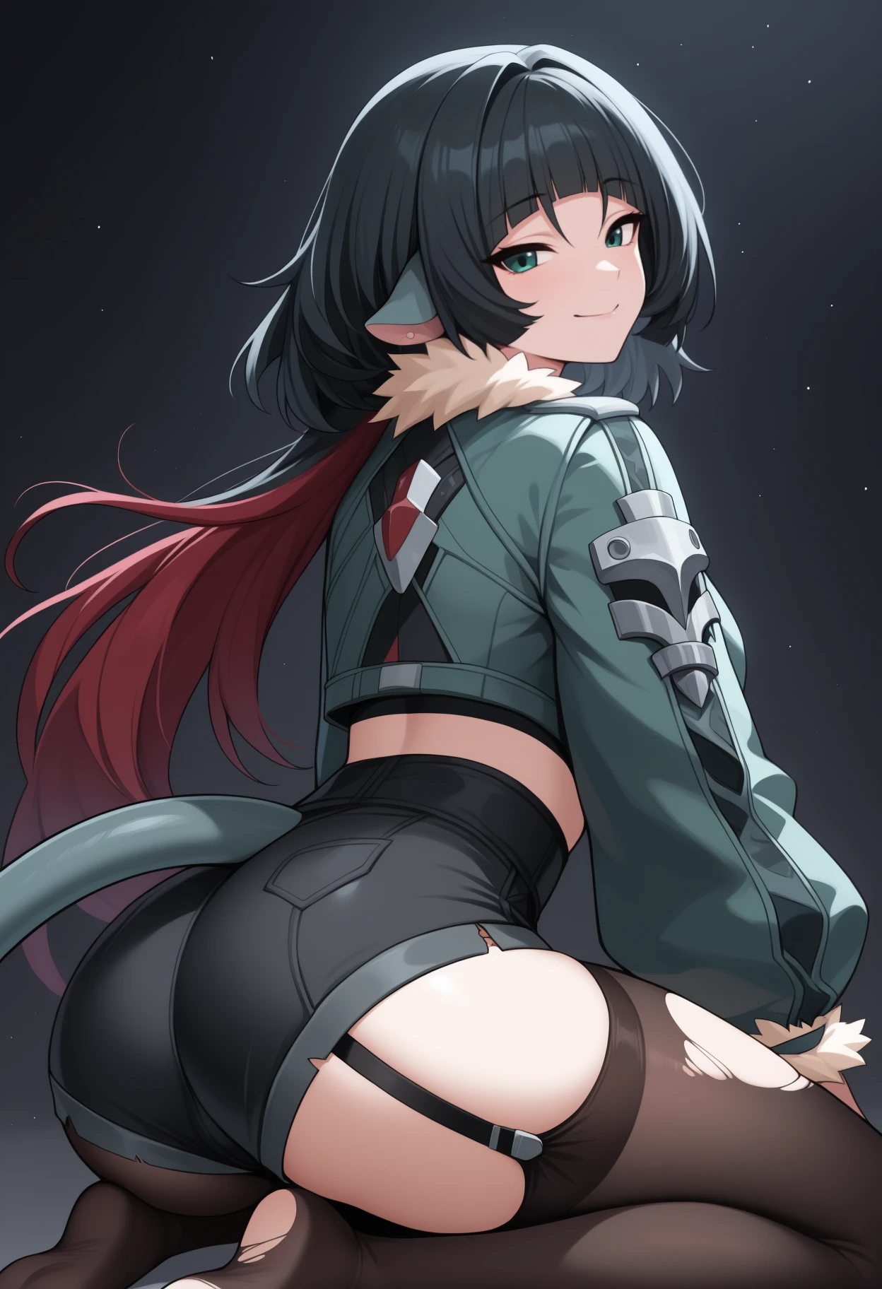 masterpiece, best quality, <break> from behind, solo, 1girl, j4ne d0e, tail, smile, looking back, seiza, two-tone hair, black hair, red hair, blunt bangs, animal ears, green eyes, torn clothes, fur trim, green jacket, fur-trimmed jacket, cropped jacket, long sleeves, fur-trimmed sleeves, black shorts, short shorts, black pantyhose, single leg pantyhose, torn pantyhose, black thighhighs, single thighhigh, torn thighhighs, garter straps, ass, dark background
<segment:yolo-face_yolov8m.pt,0.4,0.5//cid=1>