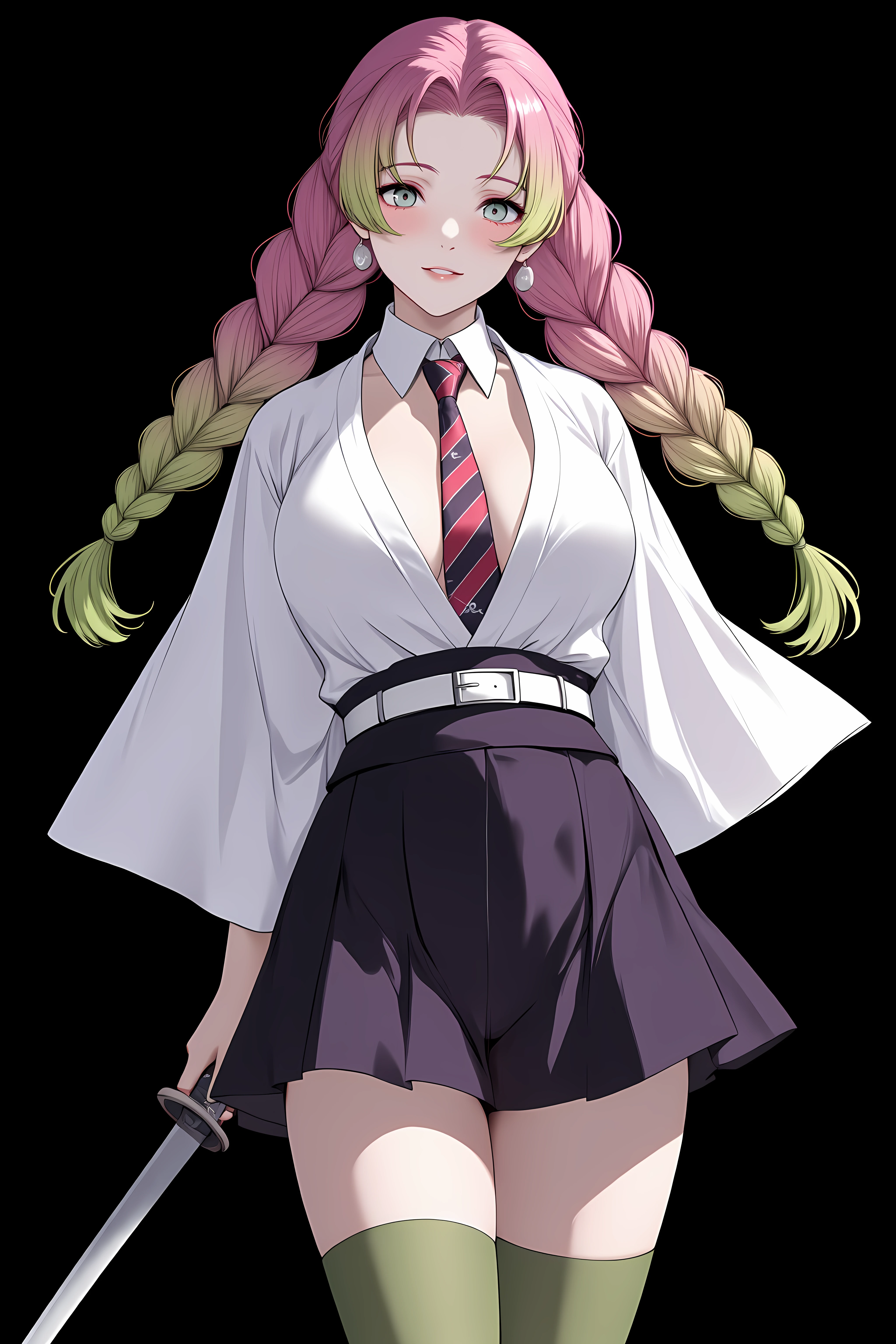 Kanroji Mitsuri, Kanroji Mitsuri stands against a black background, rocking her signature pink and green twin braids. She's decked out in her white and purple kimono with long sleeves, topped off with a red and black striped necktie. Her wide-eyed, innocent look is matched by her shy smile. A katana is strapped to her back, and she's sporting thigh-high green socks. Her getup is detailed with a white belt and a dark purple skirt.