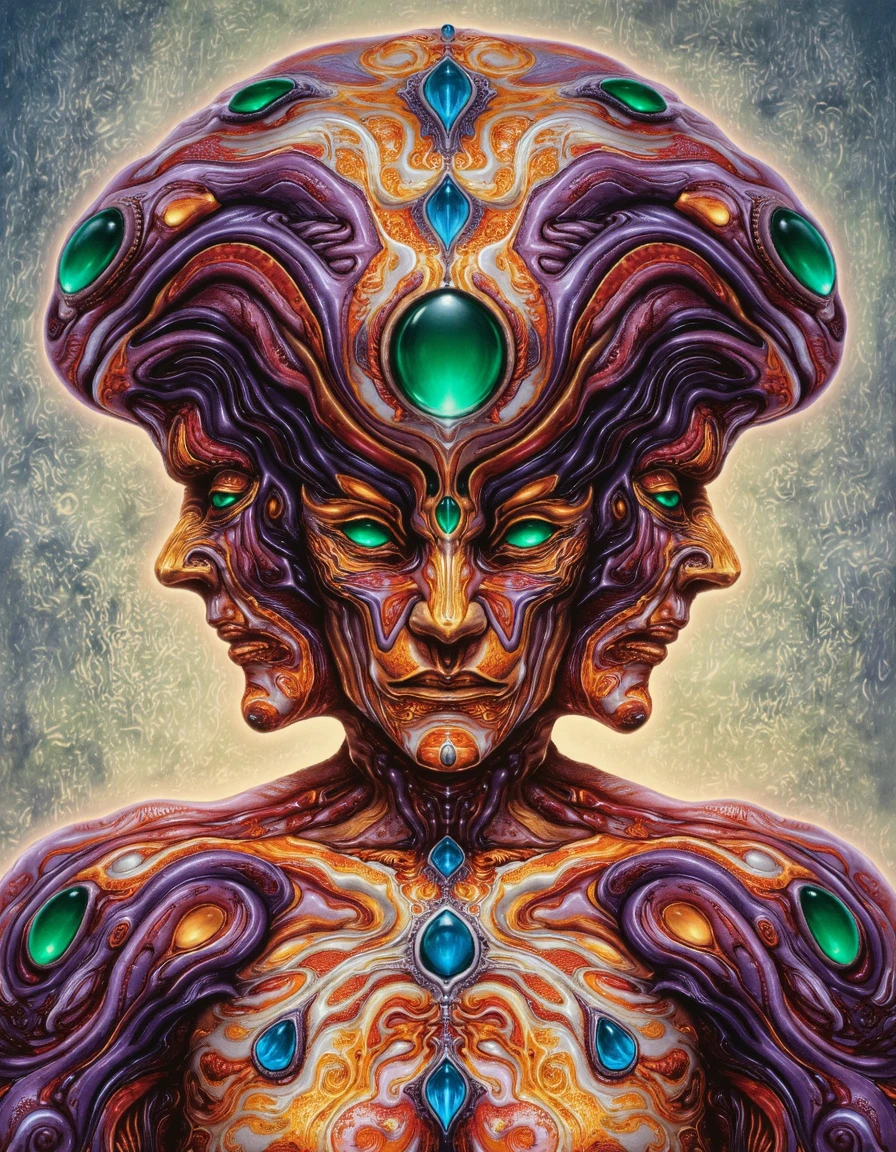 rven, portrait of something that is only in the shape of a man but highly abstract and visionary with intricate glowing patterns and two faces protruding from the sides, emerald colored jewels on head, the background is like the interior of some kind of alien technology, its appearance is organic and surreal indented curved purple and orange red mixed with flowing yellow white rootlike patterns with blue jewels encrusted in the torso