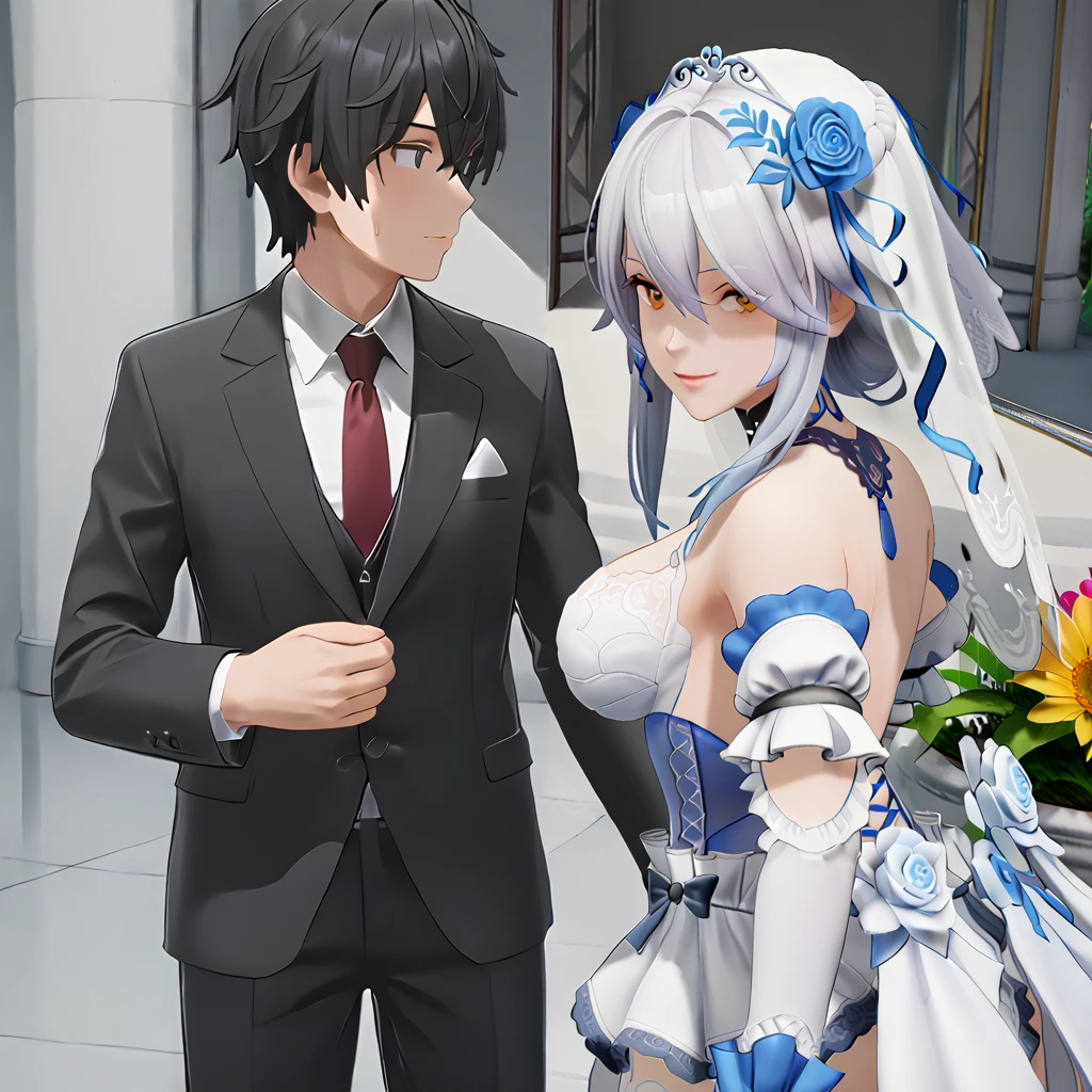 1boy,1girl,wedding,  ADDCOMM 
score 9,score 8 up,score 7 up, ADDBASE 
bunsekiin,black hair,formal,black suit,red necktie,  <lora:Bunsekiin:0.7> ADDCOL 
<lora:sb-Lyfe-InfiniteSight-FrozeninLove_PonyXL_cha_v01:0.75>,naughty_smile,looking_at_viewer,sb-lyfe-isfl,dress,gloves,veil,thighhighs,ribbon,hair flower,detached sleeves,lace trim,