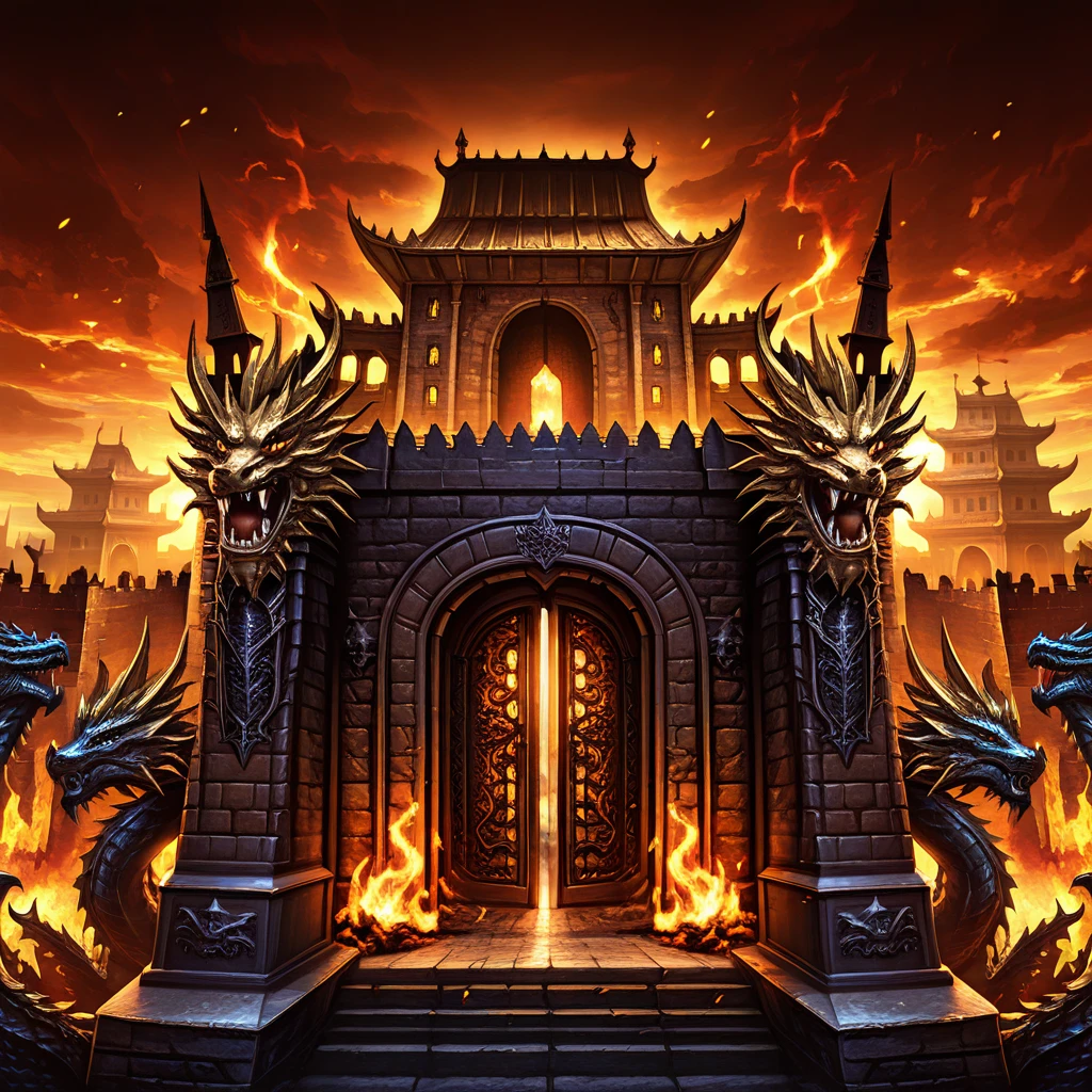 in style of s1n0, scenery, dragon statue, teeth, castle gate, siege, epic, fire, tower, city, outdoors, sky
