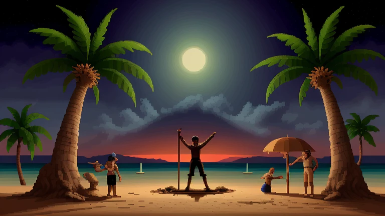 masterpiece, best quality, pixel art, low contrast, a pirate digs a hole in the moonlight, beach, palm tree, amiga