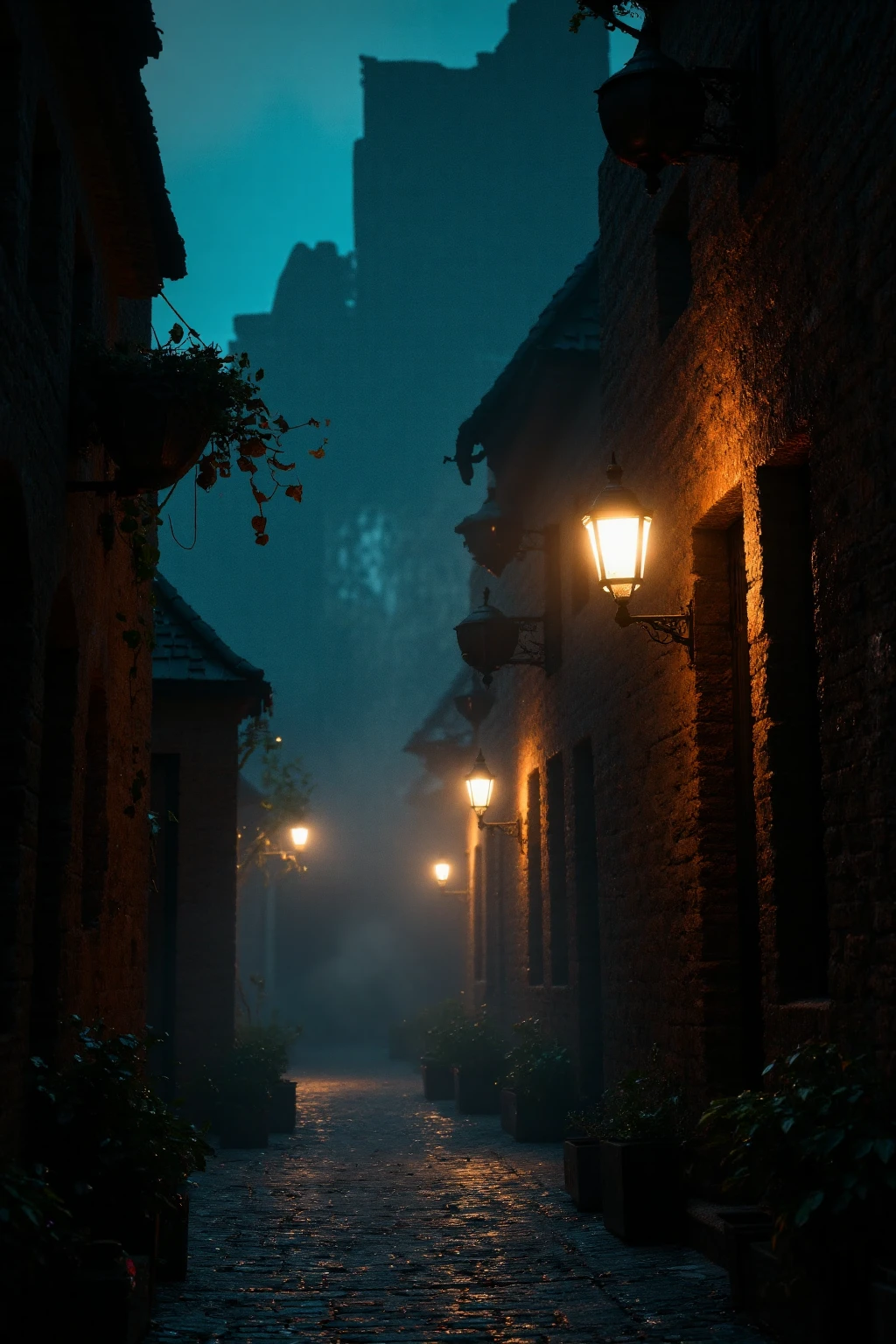 madgod, stop motion, In a cobblestone alley of 18th century London at night, lots of fog, lit by street lamps, mysterious atmosphere, (masterpiece, top quality, best quality, official art, beautiful and aesthetic:1.2), extreme detailed, highest detailed, simple background, 16k, high resolution, perfect dynamic composition, bokeh, (sharp focus:1.2), super wide angle, high angle, high color contrast, medium shot, depth of field, blurry background