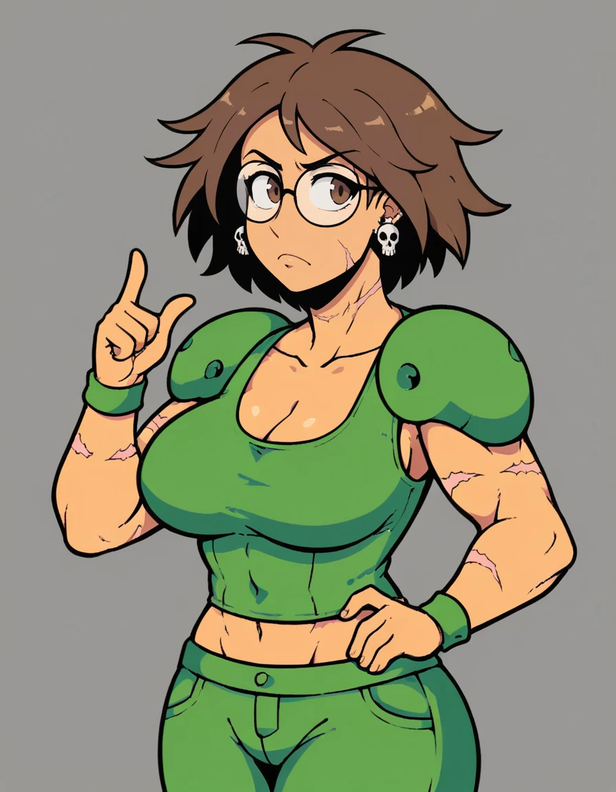 solo, score_9, 
large breasts, 
 <lora:Alpha_UFO50_-_Character_PonyXL:0.7> glasses, brown hair, brown eyes, scar, tanned, skull earrings, frown, pointing