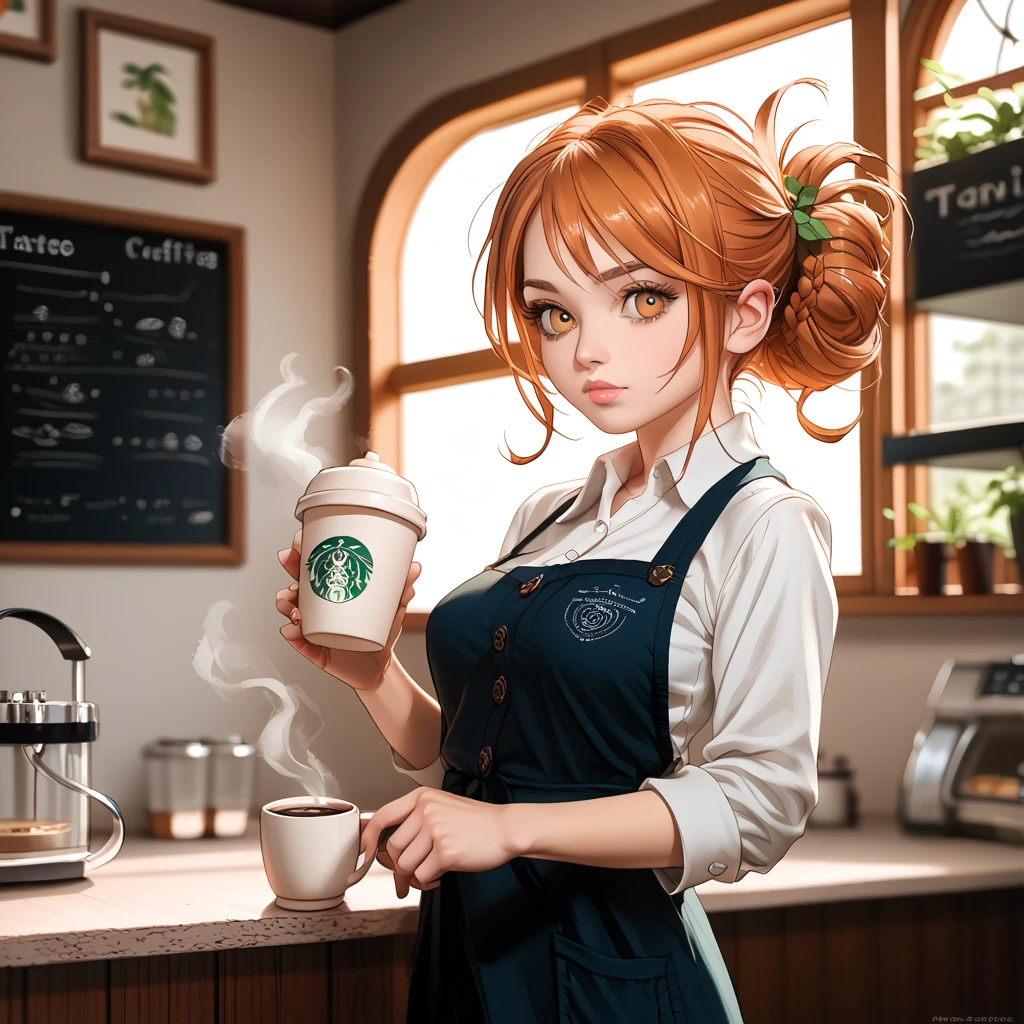 uncensored, score_9, score_8_up, score_7_up, score_6_up, score_5_up, score_4_up, 1girl, medium breasts, a skilled woman barista making coffee in a cozy cafe, warm ambient lighting, detailed interior, artstation, digital painting, character design, steam rising from fresh coffee, intricate coffee art in the cup, soft textures, realistic shading, by Thomas Kinkade and Artgerm, 4k resolution, cinematic, masterpiece,
<lora:StellaComposite_NotARealPerson_v2.0_PDXL:0.8> stellacomposite, realistic, lips, black and orange hair, victory rolls hair style, Amber colored eyes,,