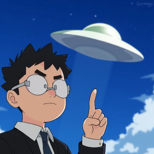 Digital illustration in Dandadananimestyle style featuring OkarunDandadan a young man with round glasses in school uniform pointing at the UFO a flying alien spaceship