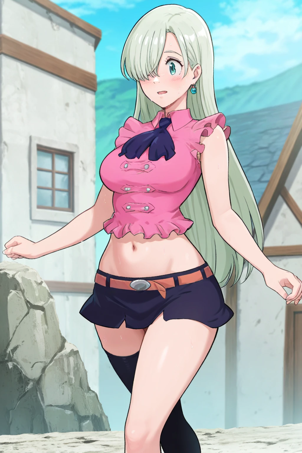 masterpiece, best quality, very aesthetic,, 1girl, elizabeth_liones, outfit1, hair over one eye, white hair, pink shirt, black ascot, midriff, navel, single thighhigh, black skirt,