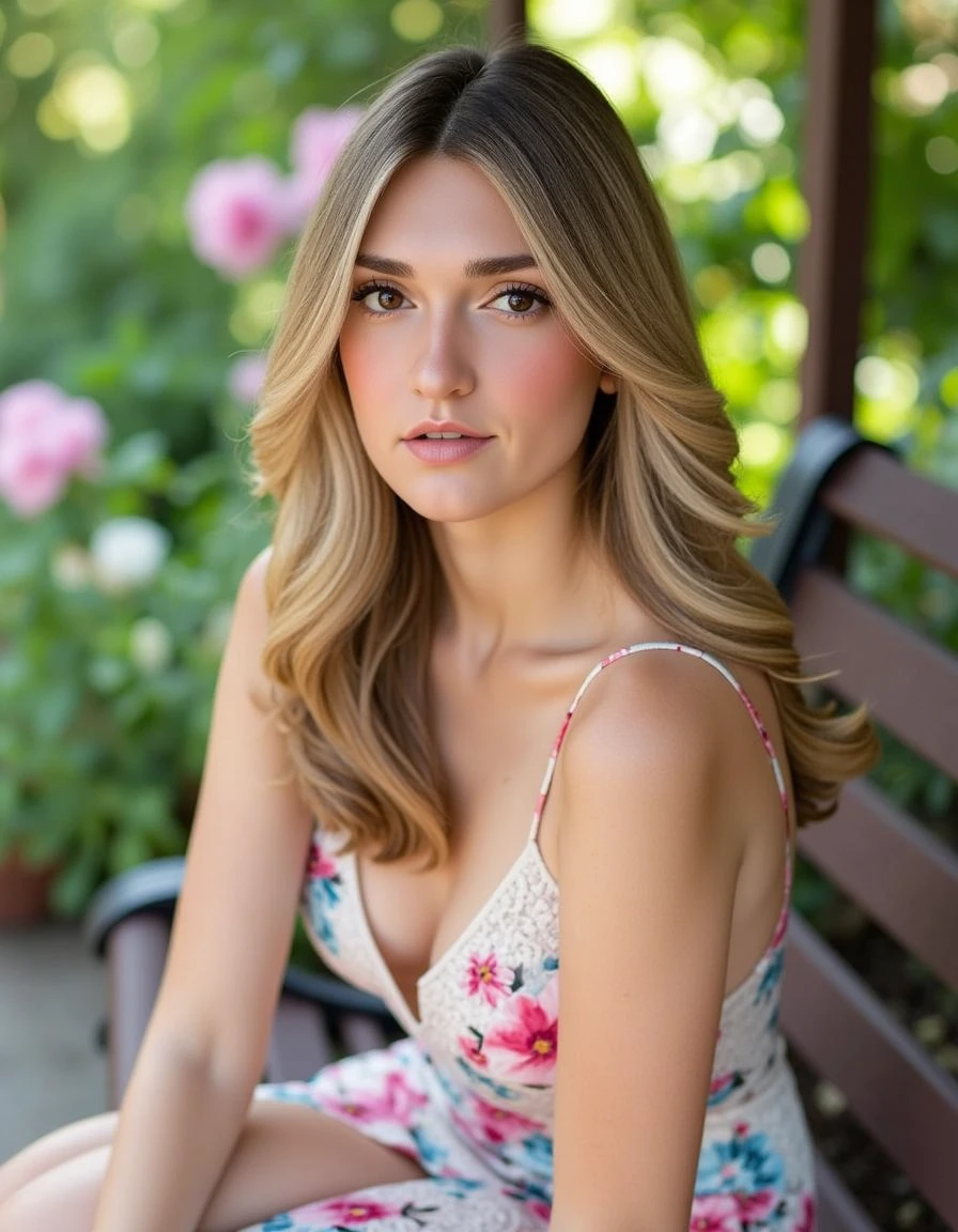 <lora:catherine-corcoran:1>catcorco, corcoran, goddesscor, cinematic, cinematic lighting,.ultra realistic, ultra defined textures and colors, shot in the style of Sony Alpha A7 III,  looking at the viewer,  a beautiful long hair woman wearing a floral sundress with delicate lace details. She's seated on a garden bench, loose waves framing her face with natural makeup highlighting rosy cheeks and glossy lips. This serene scene, captured with a 50mm prime lens, exudes romance and tranquility against pastel-toned blooms and sunbeams filtering through the trees., detailed skin texture, (blush:0.5), (goosebumps:0.5), subsurface scattering, Photorealistic, Hyperrealistic, Hyperdetailed, analog style, soft lighting, subsurface scattering, realistic, heavy shadow, masterpiece, best quality, ultra realistic, 8k, golden ratio, Intricate, High Detail, film photography, soft focus