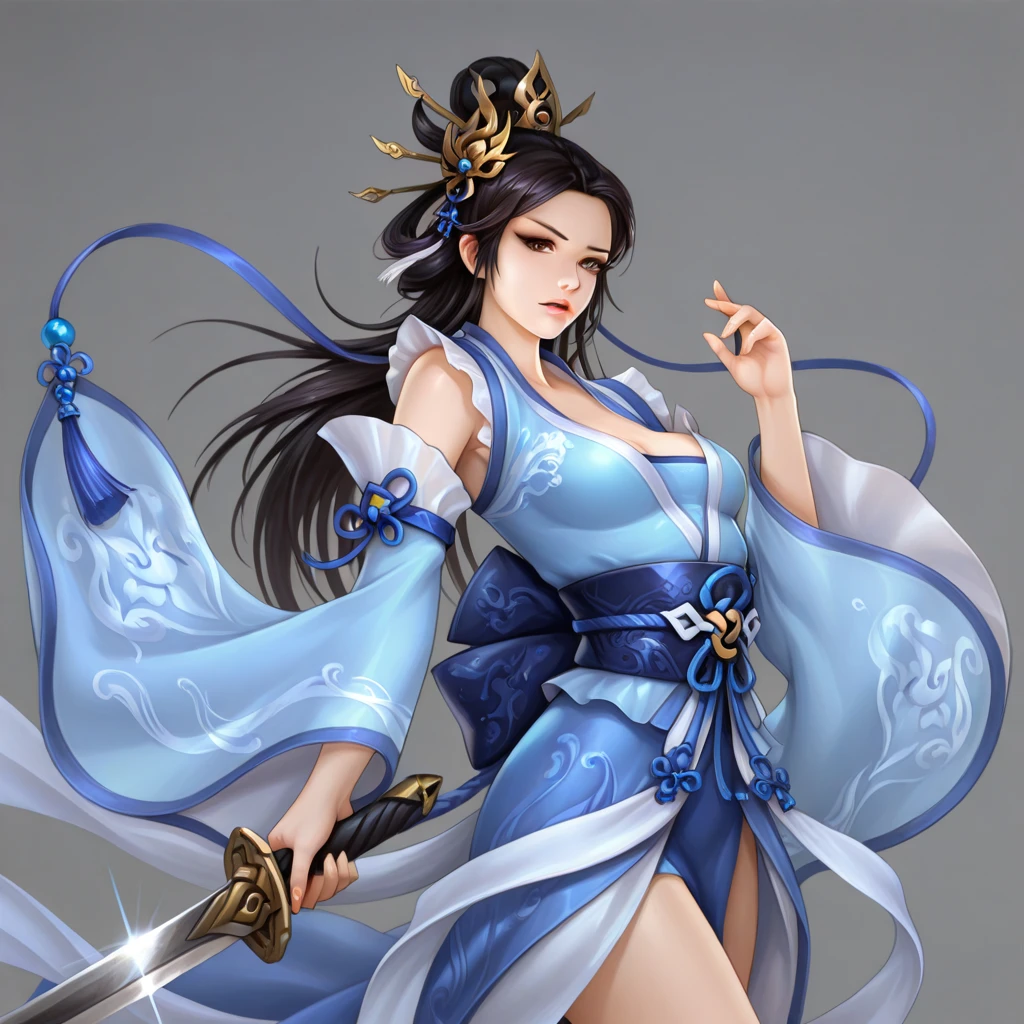 in style of s1n0, 1girl, solo, grey background, long hair, holding weapon, jian, holding, holding sword, brown eyes, wide sleeves, detached sleeves, blue dress, small breasts, black hair, sash, hair ornament, nose, lips
