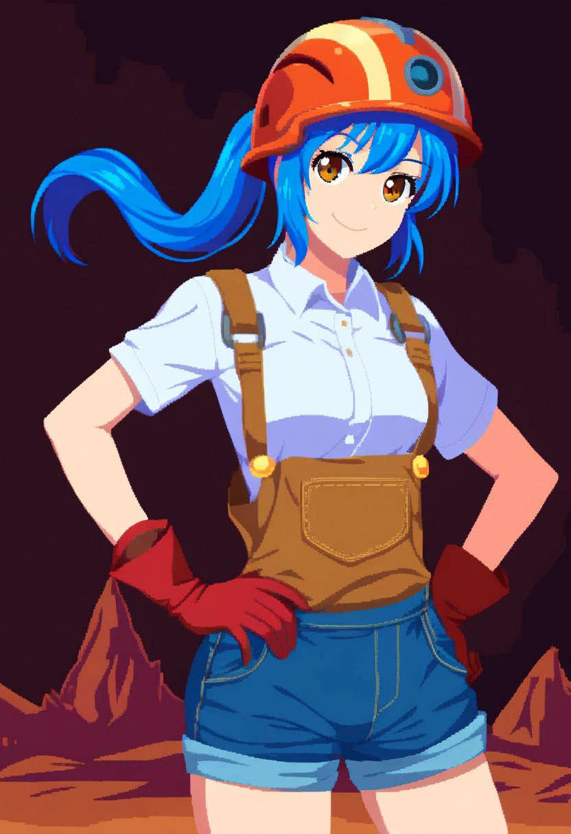 characterpic, 1girl, solo, looking at viewer, smile,cave, shirt, gloves, holding, blue hair, white shirt, ponytail, short sleeves, cowboy shot, hand on hip, helmet, brown gloves, red gloves, brown headwear, overalls, over shoulder, overall shorts, pickaxe