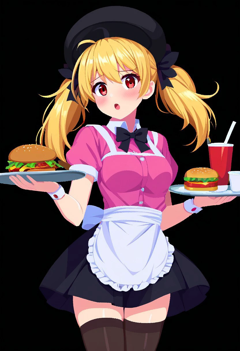 characterpic, 1girl, solo, looking at viewer, blush, open mouth, skirt, blonde hair, simple background, shirt, red eyes, thighhighs, hat, bow, holding, twintails, short sleeves, food, black thighhighs, bowtie, black skirt, apron, cup, black headwear, black bow, black background, tray, pink shirt, drinking straw, black bowtie, drink, wind lift, waitress, holding tray, burger, french fries