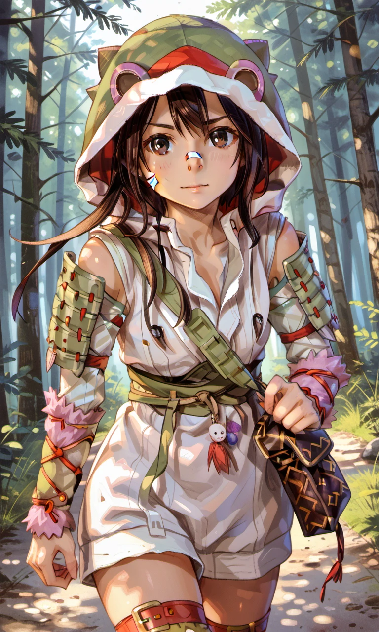 forest, run, aeterna, 1girl, brown eyes, brown hair, short hair, face plaster, animal hood, hooded jacket, detached sleeves, shoulder armor, keychain, thighhighs, thigh belts, shoes, shoulder bag, dagger, 