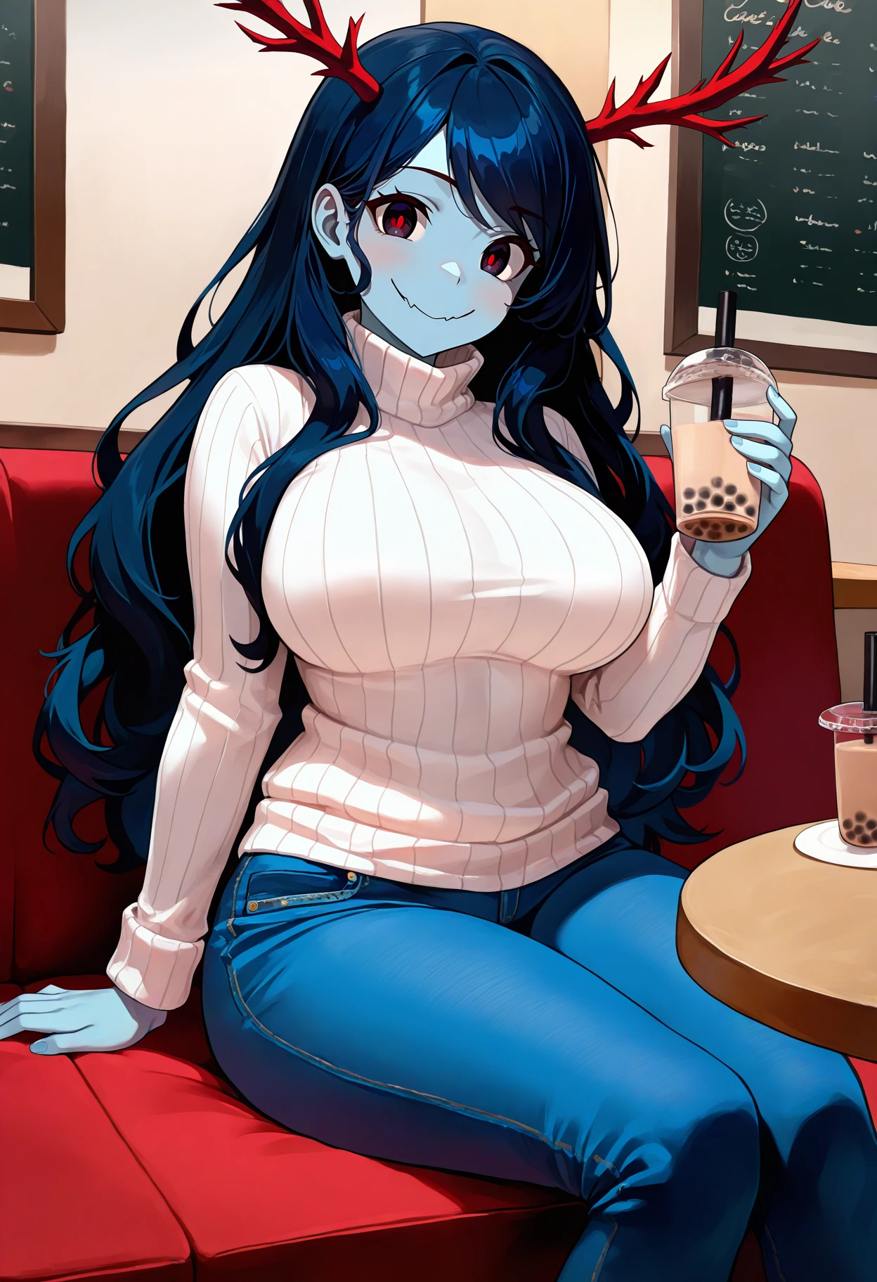 masterpiece, best quality, 1girl, solo, smile, sitting, holding bubble tea, <lora:Lubella-illu:1> lblla, blue skin, long hair, black hair, antlers, large breasts, ribbed sweater, turtleneck, white sweater, jeans, indoors, cafe