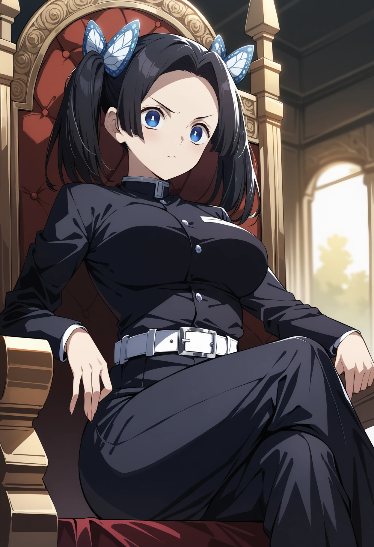 (masterpiece, best quality, very aesthetic, ultra detailed), intricate details, 4k, aaaoi, short twintails, black hair, hair ornament, parted bangs, blue eyes, rectangular pupils, breasts, black jacket, long sleeves, white belt, black pants, <lora:kanzaki_aoi_animagine_v1:0.9>, sitting, throne, crossed legs,