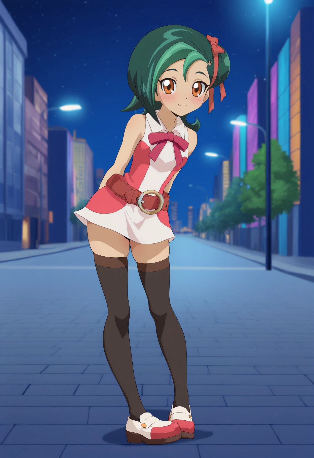 masterpiece, best quality, very aesthetic, absurdres, full body, solo, 1girl, <lora:Kotori Mizuki (Yu-Gi-Oh! ZEXAL):1>, kotori mizuki, km4, one-piece dress, sleeveless dress, collared dress, two-tone dress, red dress, white dress, red bow, brown belt, o-ring belt, two-tone thighhighs, brown thighhighs, black thighhighs, skindentation, two-tone loafers, red loafers, white loafers, standing, arms behind back, legs apart, contrapposto, looking at viewer, blush, smile, city, sidewalk, road, lamppost, night, outdoors, <lora:CleanAnime - [Enchanter] - illustriousXL v1:1>