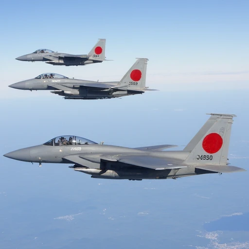 showing the pilot's seat and control panel inside., including the Japanese flag (rising sun) insignia on their tails and the number "555" on the fuselage of the lead aircraft., giving a clear view of its sleek, with the ground far below and the sky above. The aircraft's wings are swept back, and the nose slightly tilted down. The jet is painted in a matte gray camouflage scheme, modern fighter jet, specifically a F-15 Eagle fighter aircraft