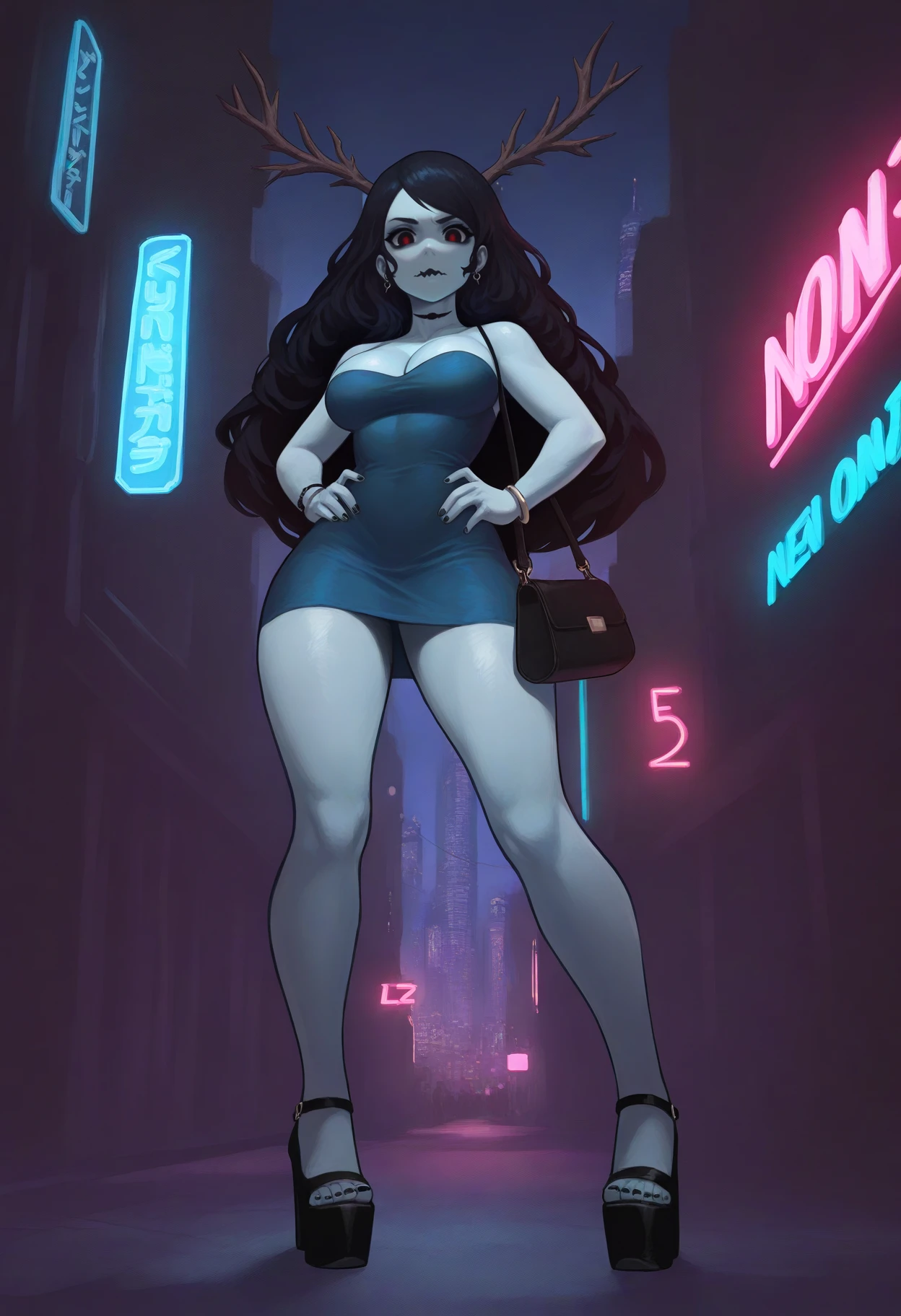 masterpiece, best quality, 1girl, hands on own hips, looking at viewer, handbag, black nails, <lora:Lubella-illu:1> lblla, blue skin, long hair, black hair, antlers, blue dress, cleavage, earrings, scar on neck, short dress, bracelet, high heels, black footwear, platform footwear, night, city, neon lights