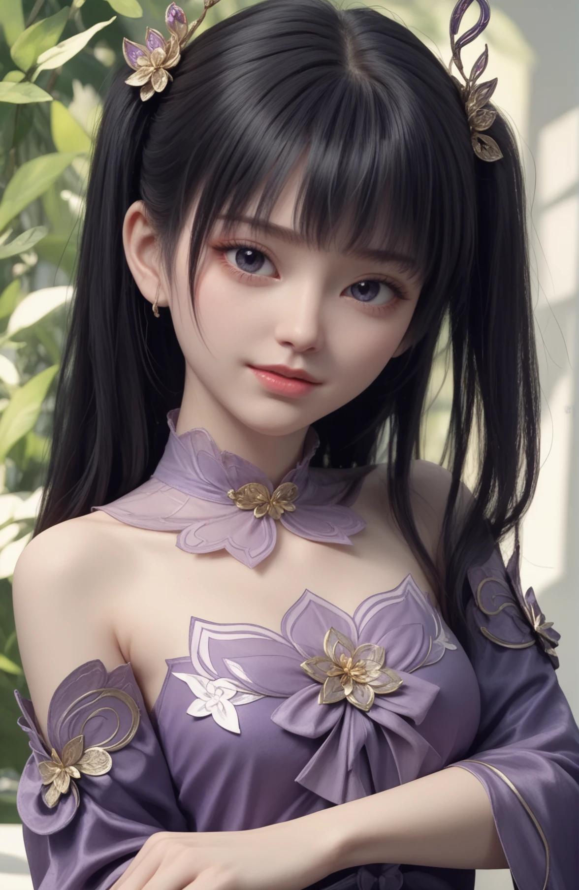 score_9,score_8_up,score_7_up,1girl,<lora:ç´«å¦_V1:1>,(bunches:1.5),hair_ornament,black hair,purple dress,