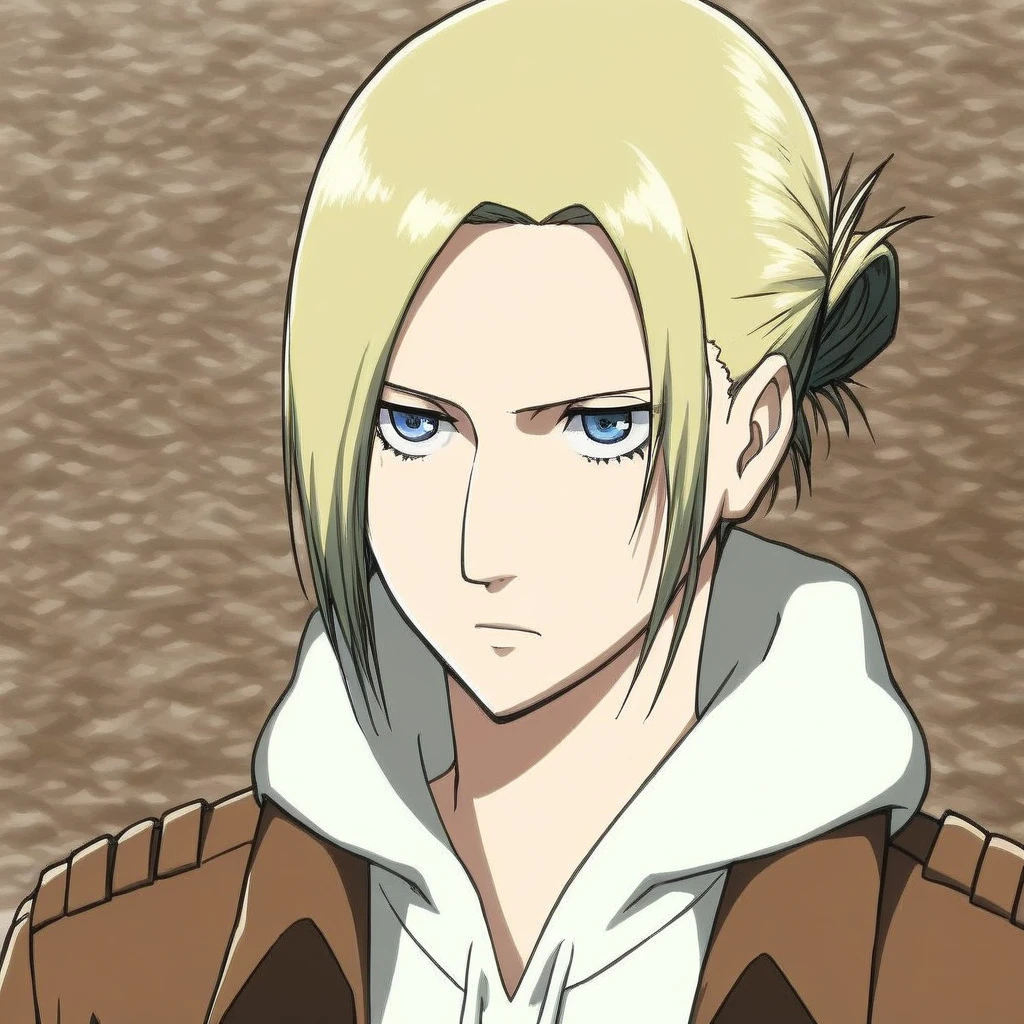 white pants, brown miniskirt, white hoodie under under jacket, 1girl, long brown boots, blonde hair bun, blue eyes, long sleeves, parted hair, Annie, long nose, belt, holster under jacket, brown jacket