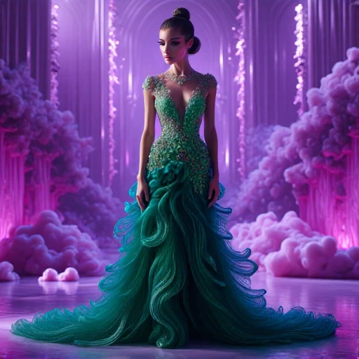 using vivid purples and deep blues to create an ethereal, makeup, metallic textures. The subject is a woman with a statuesque figure and a serene, almost ethereal quality., abstract setting. She is dressed in a striking, green dress, surreal setting. The subject is a woman with an elegant, likely a gala or awards ceremony, exotic appearance, lightning, lips, with a deep, single hair bun, flower, likely CGI, contemplative expression on her face. Her skin is painted with intricate, ethereal portrait of a person with an androgynous appearance. The subject is a tall, organic shapes that resemble swirling ribbons or petals in shades of pink, shimmering skirt. The skirt transitions from a deep, gazing intently forward with a serene expression. Her skin has a soft, statuesque figure