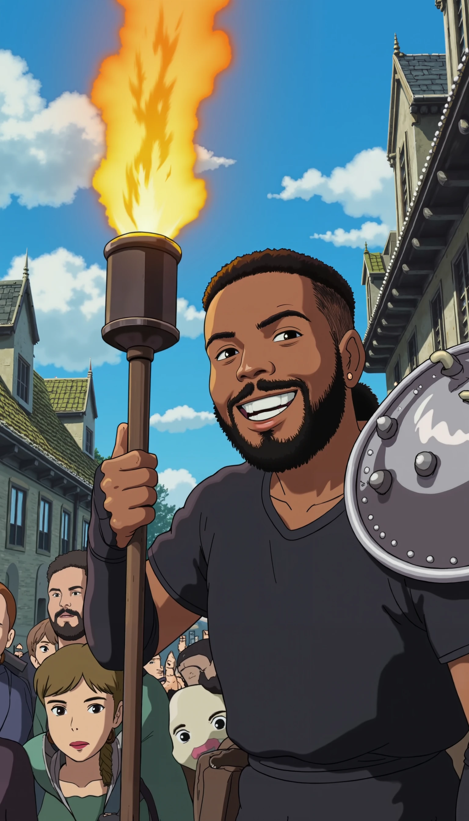 An anime still of a black man Nate smiling and giving a thumbs up. Nate has a beard and fade haircut. Nate is wearing a black shirt and heavy armor. Nate is carrying a flaming torch, the light illuminating his face and the rest of the scene.