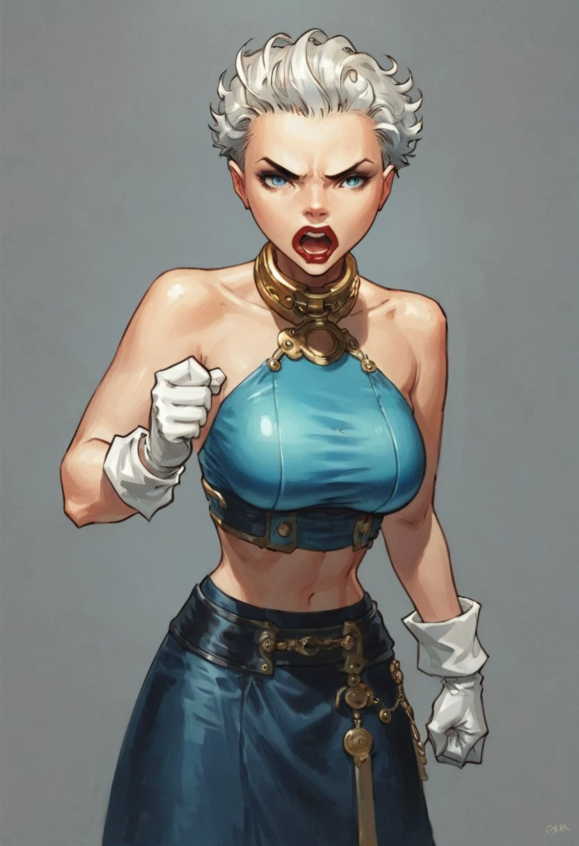 score_9, score_8_up, score_7_up, score_6_up, realistic, manie_ganza, 1girl, solo, short hair, white hair, blue eyes, red lipstick, open mouth, teeth, tongue, frown, brass collar, bare shoulders, large breasts, blue top, midriff, blue skirt, white gloves, fist, cowboy shot,