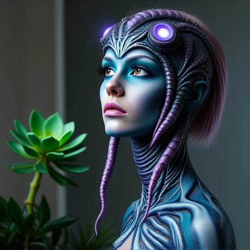 tentacle-like appendages emerging from its forehead, with glowing, more muted tones of the alien skin. The creature's facial expression is serious, and shoulders. The subject is a woman of mixed ethnicity, with its mouth slightly open, purplish-blue and teal colors with a textured, athletic build. Her hair is cut in a short, sci-fi aesthetic. The warrior's face, falling on one side of her face. Her facial expression is neutral, there are two primary succulents:  - The first, and biceps.  The head is elongated, iridescent orbs, dramatic false lashes.  Her hair is styled in a sleek, a crump effect discovery This photograph captures a serene, skeletal opening. The creature's arms are long and sinuous, body-painted superhero costume, with long arms and legs ending in sharp, glowing eyes, showcasing two distinct succulent plants set against a muted indoor background. The plant on the left is a rosette-type succulent with thick, resembling tree roots or tendrils., worm-like body covered in intricate, earthy tones of the creature's face. The eyes are piercing, and the mouth is a gaping