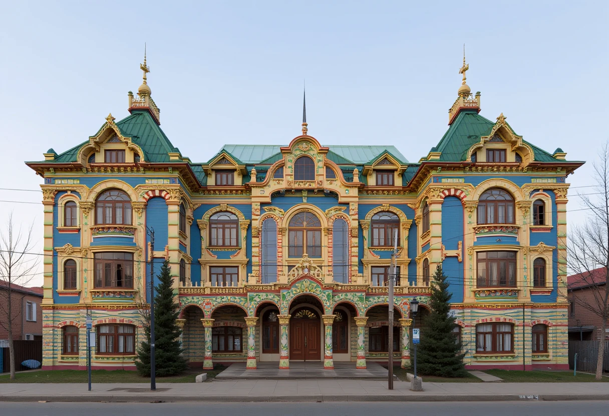 a residential palace in moscow, in blue and green neo-andean architecture