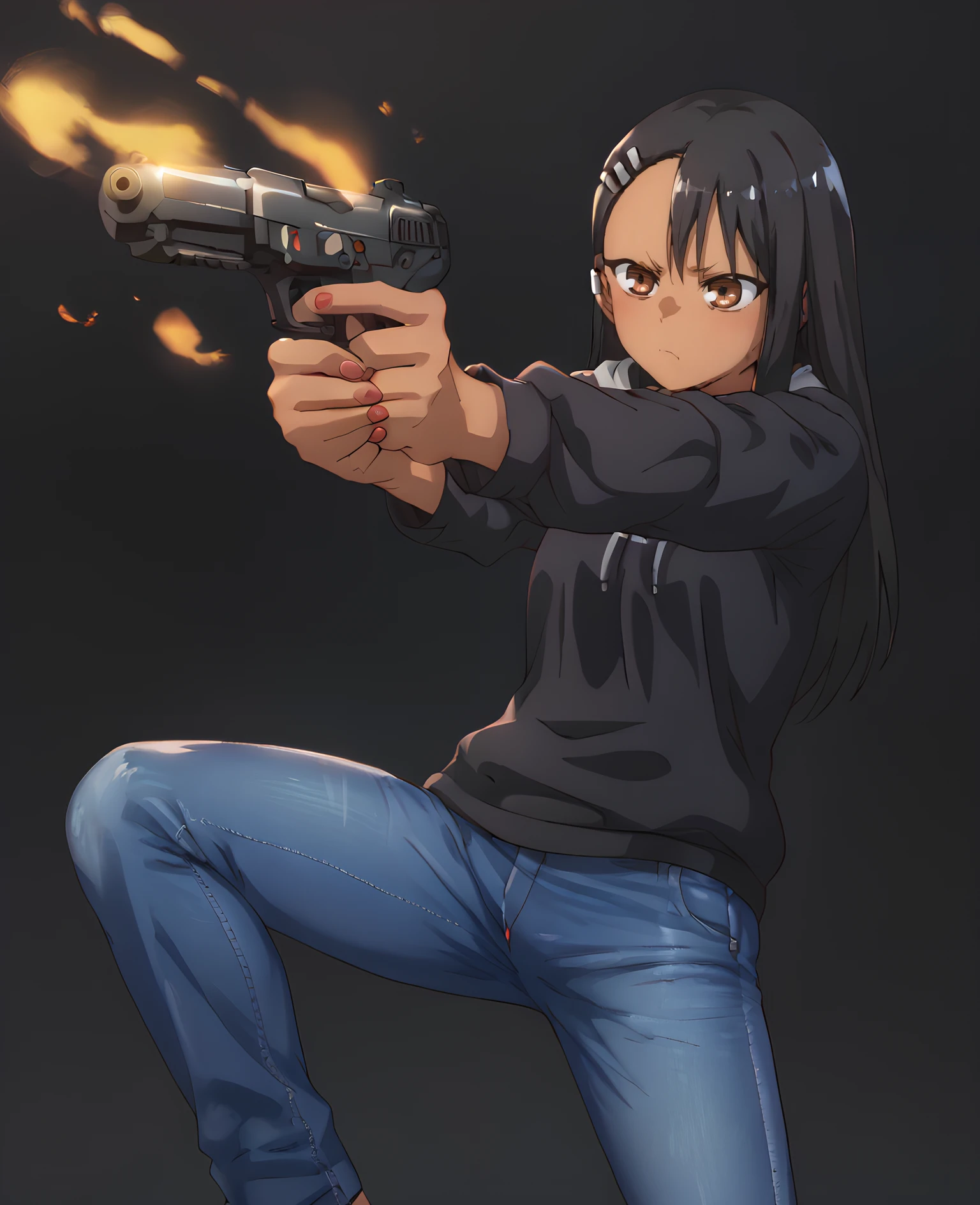 fn five-seven, five-seven, gun, pistol, firing, <lora:FN Five-seveN:1>  1girl, dark background, nagatoro, black hair, long hair, dark skin, black hoodie, jeans, annoyed,  <lora:IjiranaideNagatoro_NagatoroXL:1>, score_9, score_8_up, score_7_up, score_6_up, score_5_up, score_4_up,