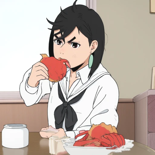 Digital illustration in Dandadananimestyle style featuring MomoAyaseDandadan a young woman in school uniform eating a crab