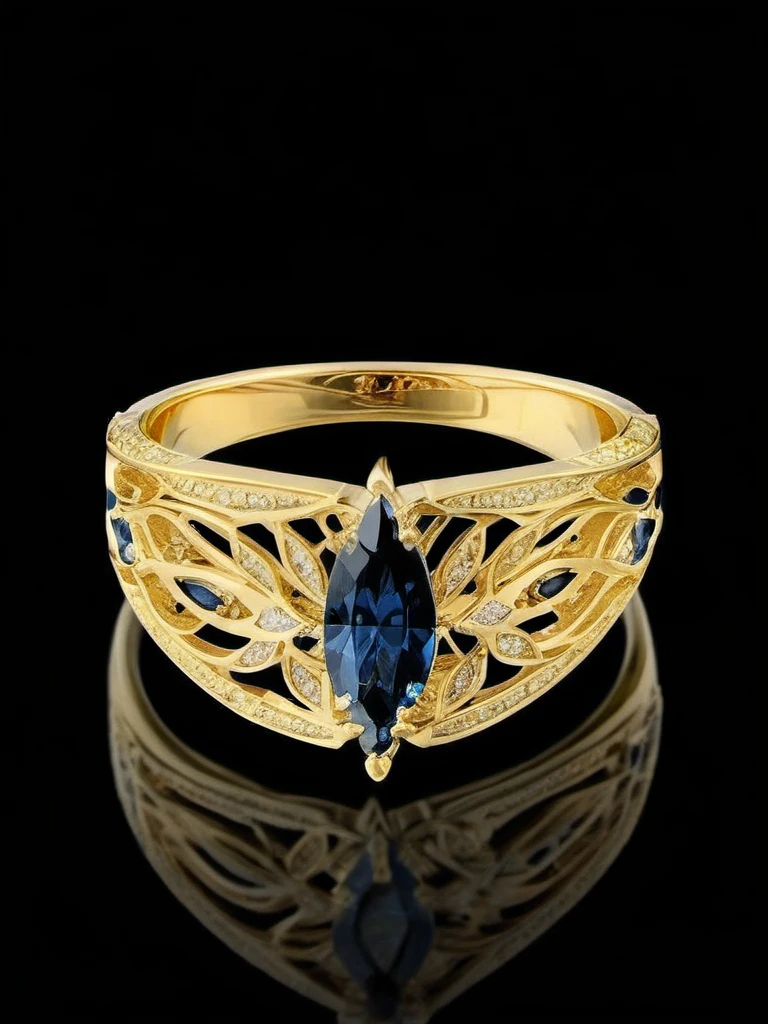 J_gem,
A vintage-inspired gold ring featuring a marquise-cut deep blue sapphire as the centerpiece, framed by pavÃ©-set round-cut diamonds on each side. The ring band is crafted from yellow gold with filigree detailing. The black background provides contrast, while soft lighting illuminates the blue sapphire and adds depth to the intricate gold patterns.