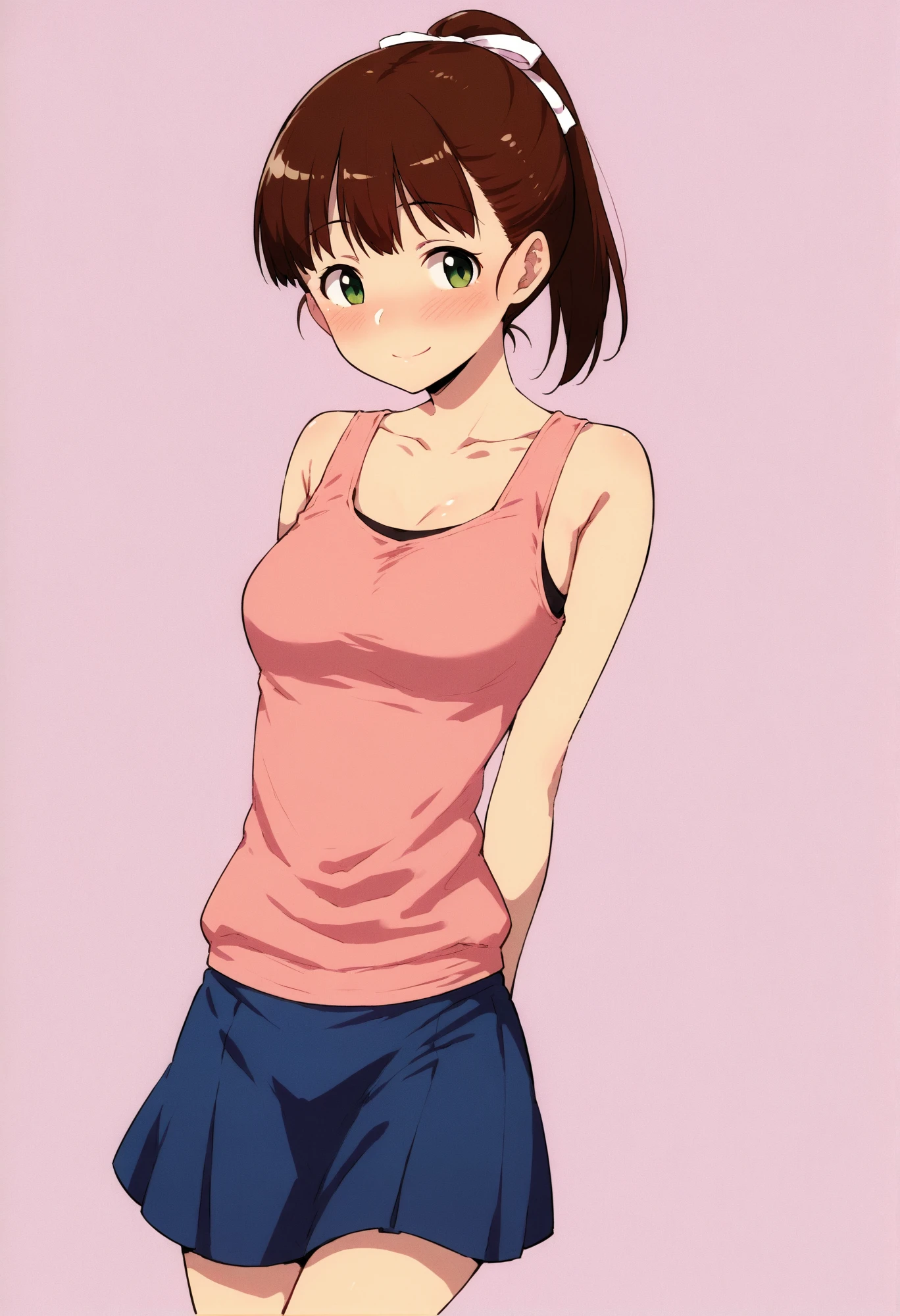 score_9, score_8_up, score_7_up, anime_style, 2D, Kasuga, teen, 1girl, solo, breasts, looking at viewer, blush, smile, skirt, simple background, brown hair, shirt, ribbon, bare shoulders, closed mouth, green eyes, standing, collarbone, hair ribbon, ponytail, sleeveless, blue skirt, arms behind back, pink background, tank top, pink shirt