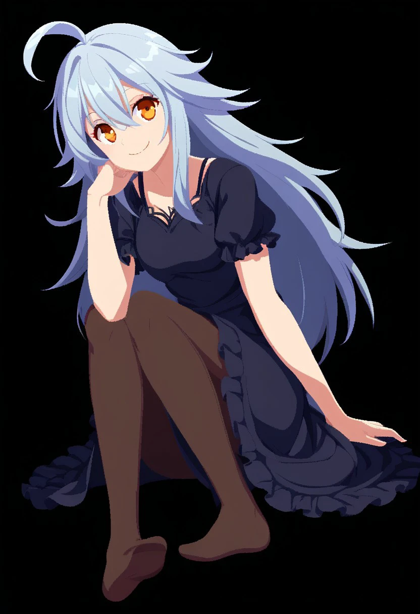 characterpic, 1girl, solo, long hair, looking at viewer, smile, simple background, dress, hair between eyes, sitting, closed mouth, full body, ahoge, short sleeves, grey hair, pantyhose, black dress, orange eyes, black background,