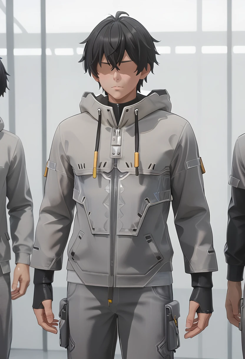 bunsekiin,black hair,grey pants,grey jacket,hood up,faceless male, <lora:Bunsekiin:0.7>