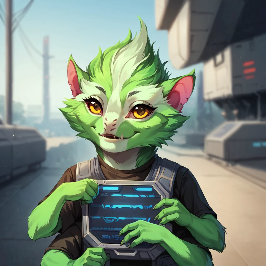 (((detailed, beautiful, high quality))), score_9, score_8_up, score_7_up, upper body, 
skittermander, 6 arms, furry, big eyes, short stature,
1 girl, green fur, yellow eyes, bulletproof vest, black T-shirt,
looking at the viewer, posing, 
spaceship scenery, sci-fi background, blurred background, fantasy background,