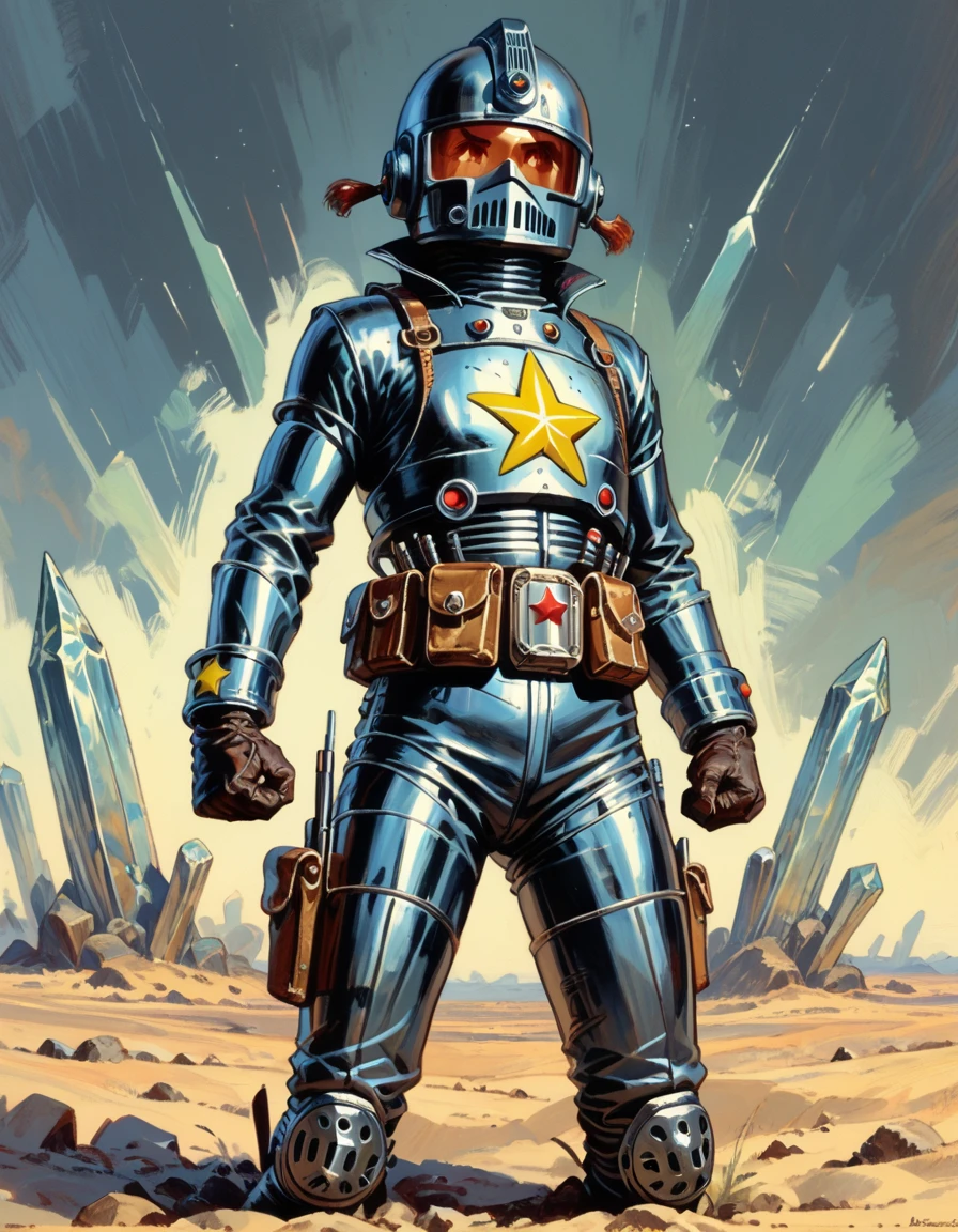 <lora:RetroHero:1> retrohero , heroic pose , full body  ,Iridescent suit that shifts colors, a mirrored helmet, star-like crystals on the chest, a teleportation device embedded in the belt, and a utility belt with small cloaking drones., score_9, score_8_up, score_7_up, masterpiece , detailed , well drawn,  clear