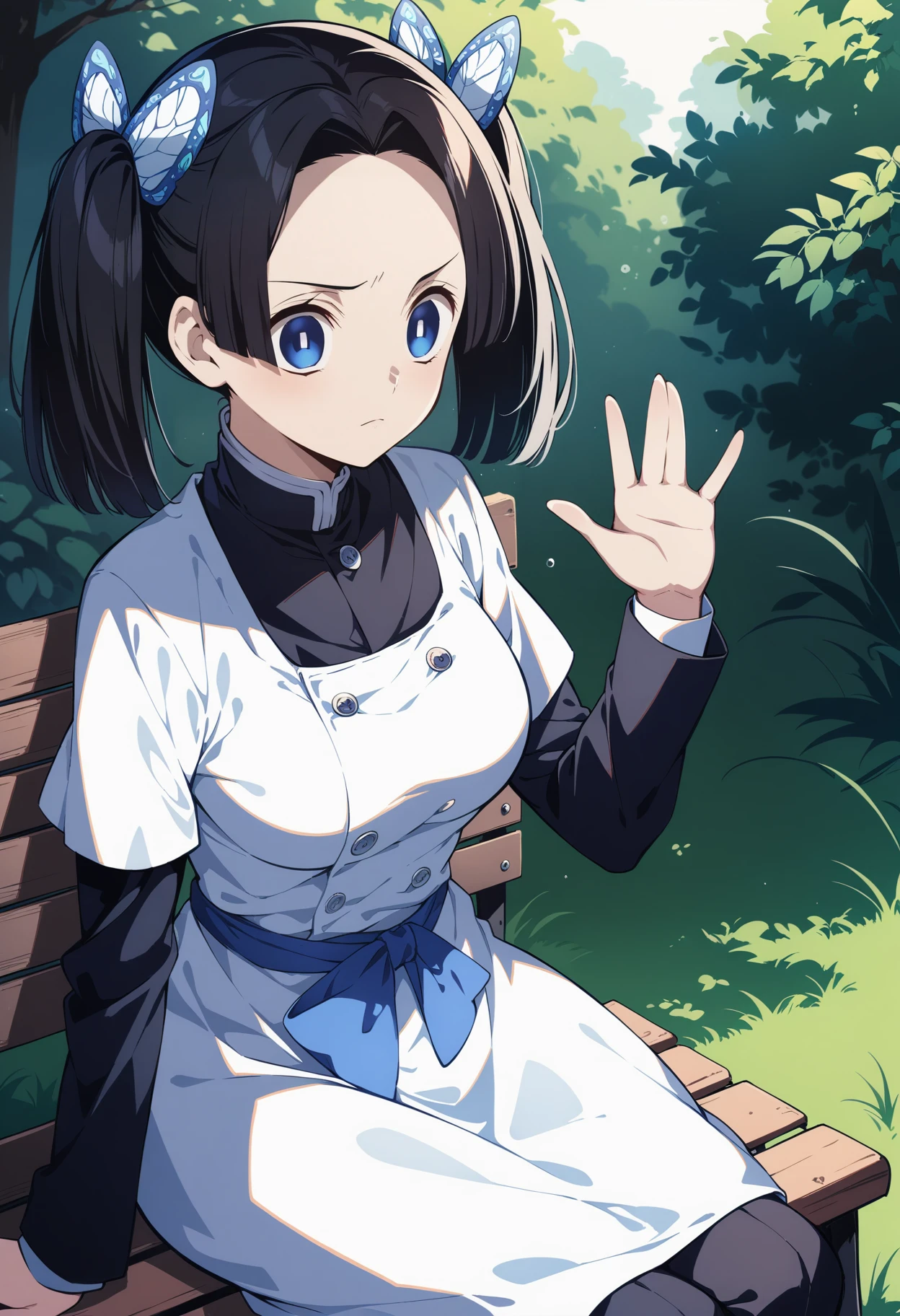 (masterpiece, best quality, very aesthetic, ultra detailed), intricate details, 4k, aaaoi, short twintails, black hair, hair ornament, parted bangs, blue eyes, rectangular pupils, breasts, black jacket, white dress, short sleeves, short over long sleeves, buttons, blue bow, sash, pants under dress, black pants, <lora:kanzaki_aoi_animagine_v1:0.9>, sitting, waving, bench, outdoors,