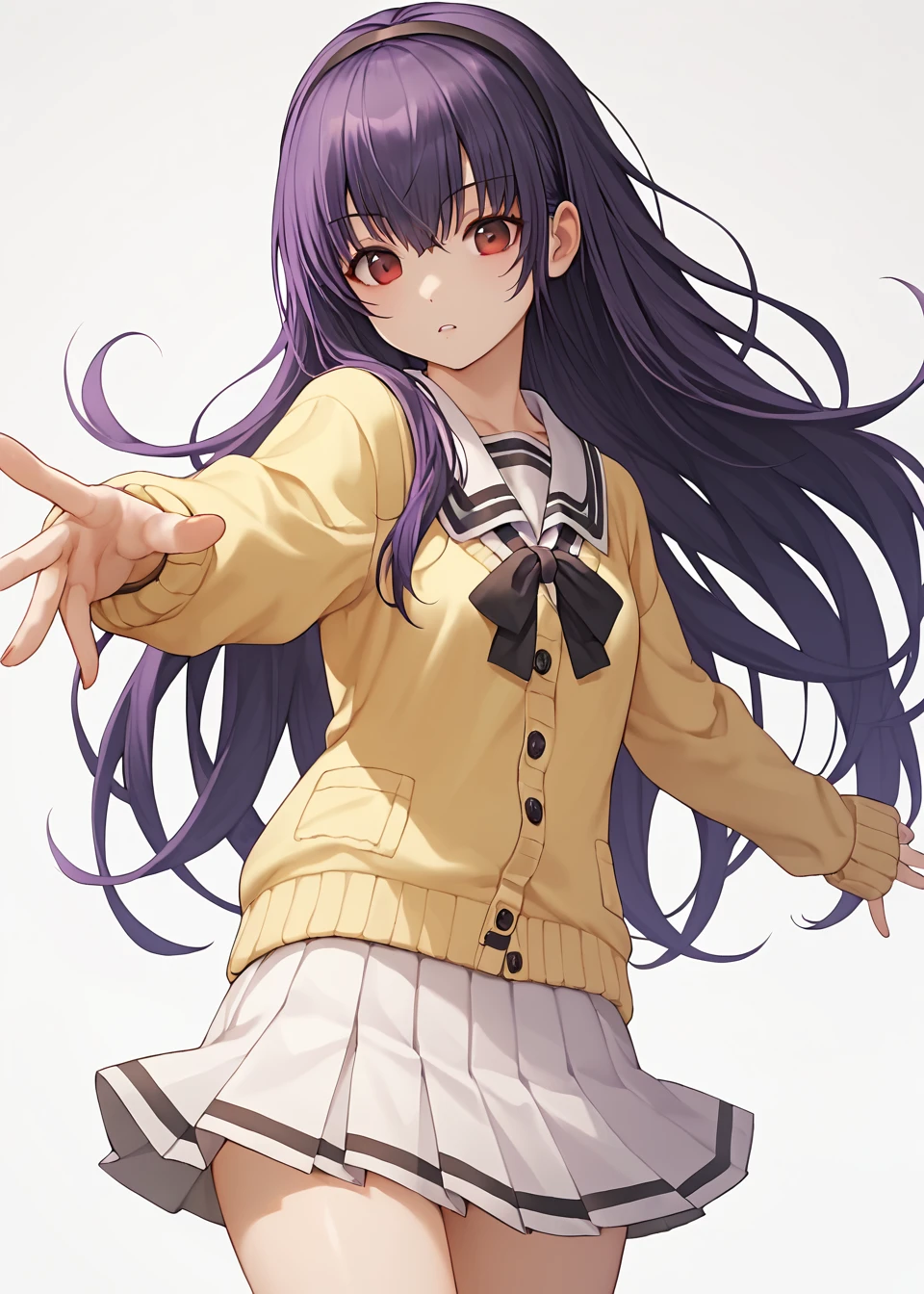 score_9, score_8_up, score_7_up, score_6_up, score_5_up, score_4_up, simple background, (white background), 1girl, solo, aoimukou, looking at viewer, reaching towards viewer, miyukisone, black hair, purple hair, very long hair, brown eyes, red eyes, hairband, school uniform, black bow, skirt, serafuku, cardigan, pleated skirt, yellow sweater, long sleeves