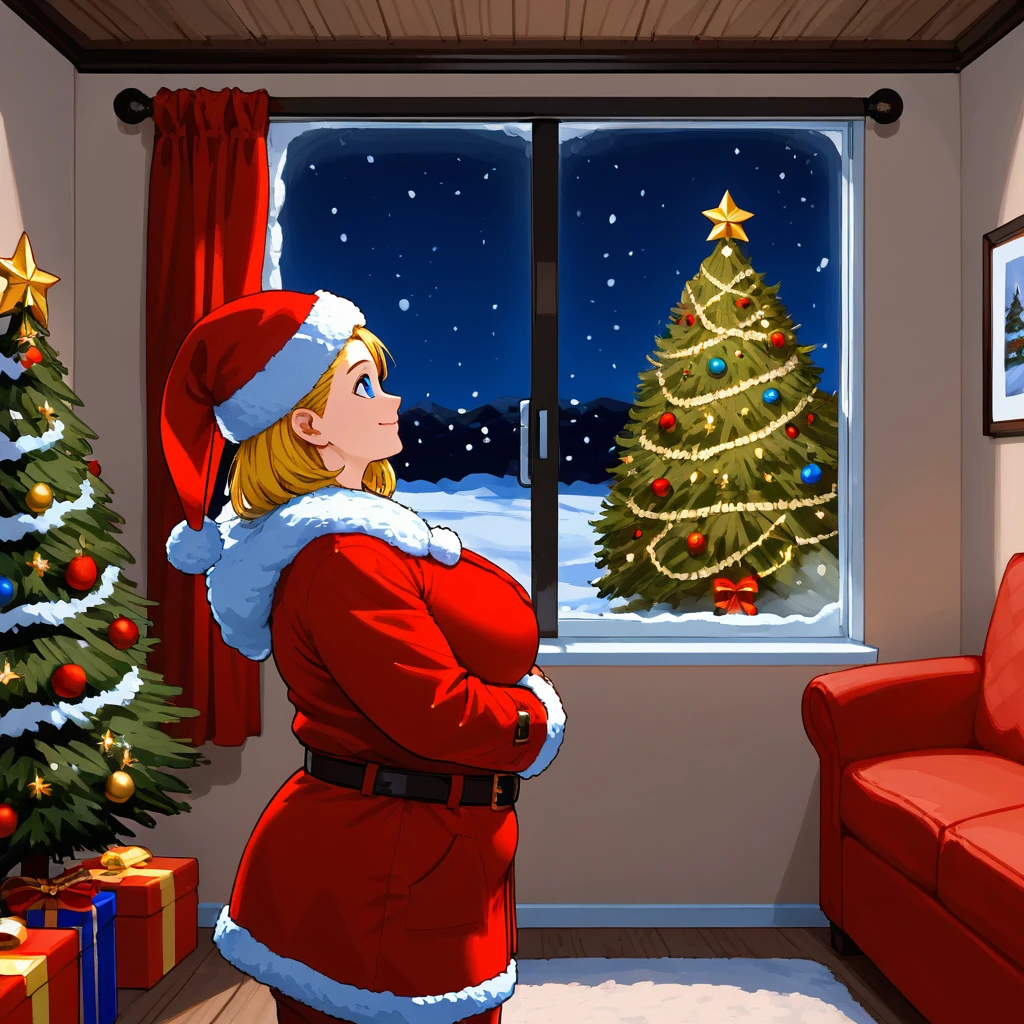 Ponyscores7, expressiveh, perfect face, perfect eyes, detailed face, detailed eyes, alevtina guseva, 1girl, solo, blonde hair, obese, short neck, muscular female, plump, large breasts, blue eyes, medium hair, snow on windows, indoor, happy, christmas tree, living room, sideview, bend forward, santa hat, anta coat, red pants, black santa boots, belt, big buckle, carrying huge gifts, gidts under tree, night, chimney, christmas, fur trim