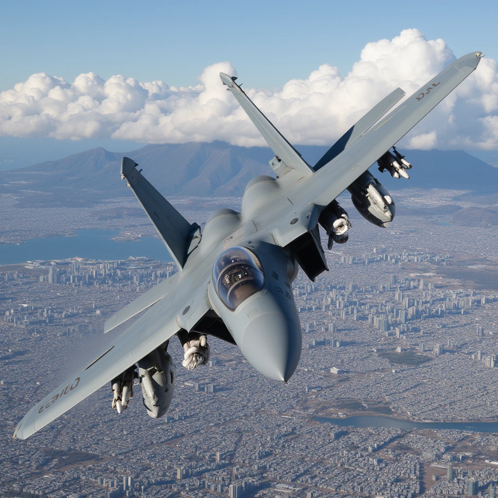 <lora:F15Eagle_epoch_5:0.9> F15Eag13. This is a high-resolution photograph of a United States Air Force F-15 Eagle jet flying over a vast urban area, slender body., modern fighter jet, flying at a steep angle, showing the pilot's seat and control panel inside., emphasizing its sleek