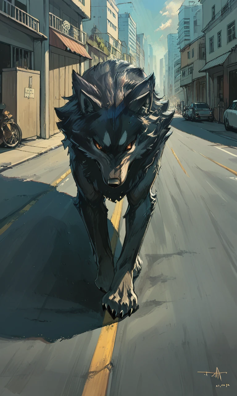 score_9, score_8_up, score_7_up, no humans, road, city, btrAnimal,  black wolf, <lora:BetterAnimals:1>