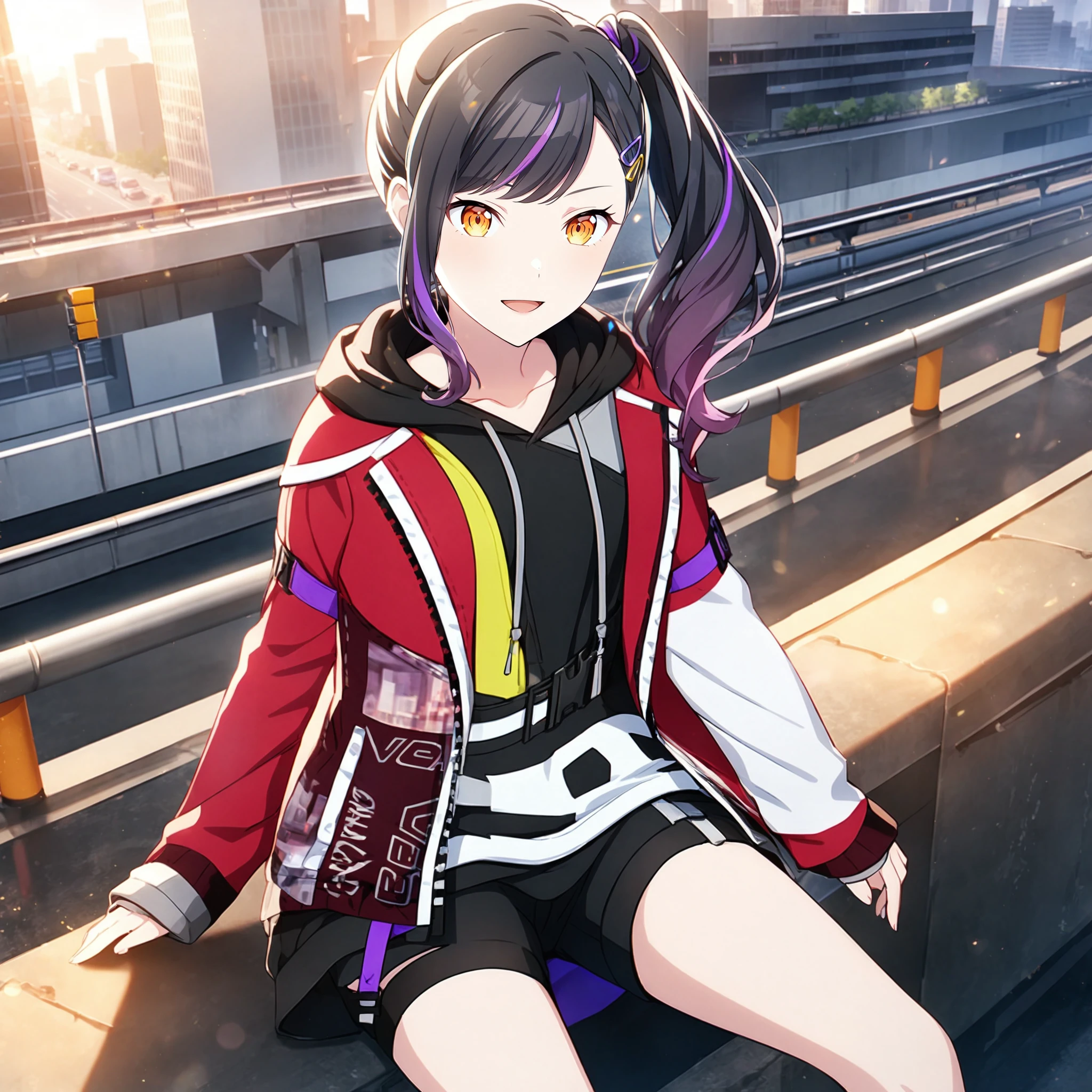 1girl, shiraishi an, project sekai, masterpiece, very aesthetic, absurdres, official art, 
vivid crew, solo, (red streaked hair:1.2), (black hair:1.2), (side ponytail:1.2), long hair, orange eyes, hair ornament, hairclip, 
looking up, :D, sitting on highway, BREAK
asymmetrical jacket, hood, black hoodie, sleeves past wrists, long sleeves, multicolored clothes, hood down, zipper, shorts, drawstring, multicolored jacket, open jacket, red jacket, black shorts, belt, collarbone, two-tone jacket, zipper pull tab, hooded jacket, clothes writing,
beautiful blue sky, cumulonimbus, sun light, elevated highway,
 <lora:sdxl-vbs-VividCrewAn08-000100:0.9:lbw=0,0,0.2,0.2,0,0.4,0.4,0,0.8,0.8,0,0,0,0.8,0.8,0.6,0.8,0.0,0.0,0.0,0,0,0,0,0,0>