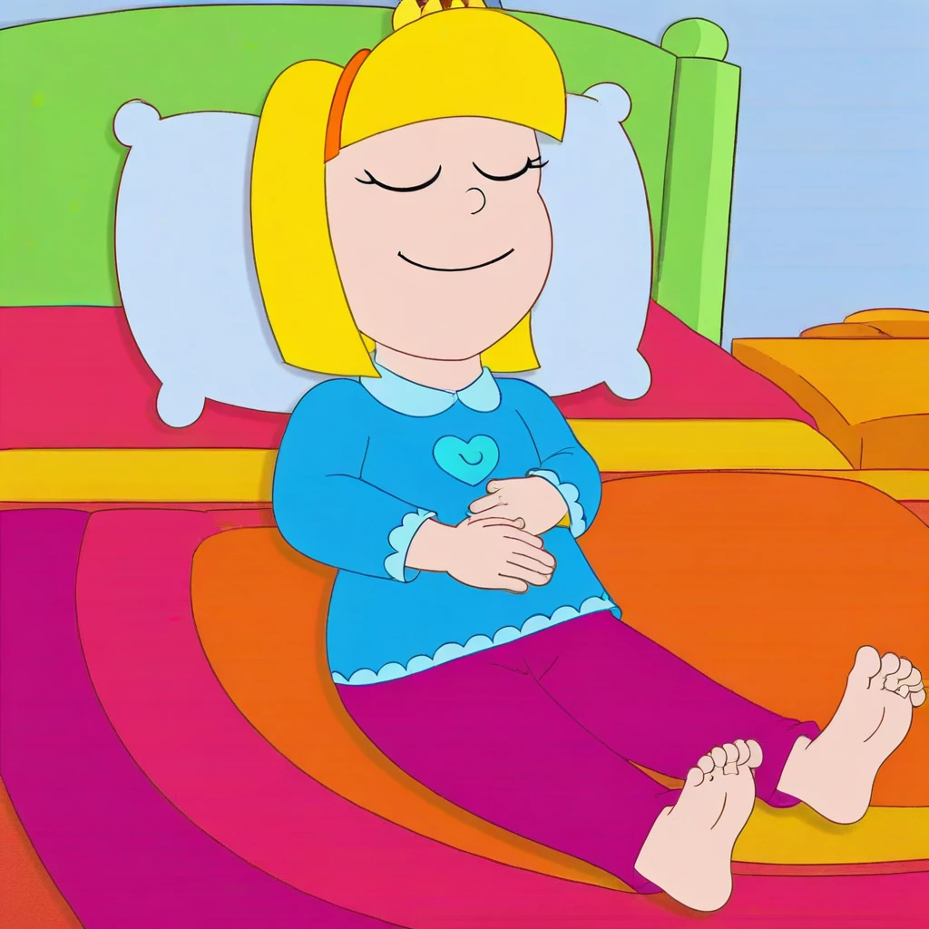 indoors, bedroom, lying on bed, head on pillow, closed eyes, open mouth, sleeping, dutch angle, pink blanket, hand on stomach, blonde hair, orange hairband, blue sea shirt, heart (symbol), dark red pajamas pants, feet, toes
