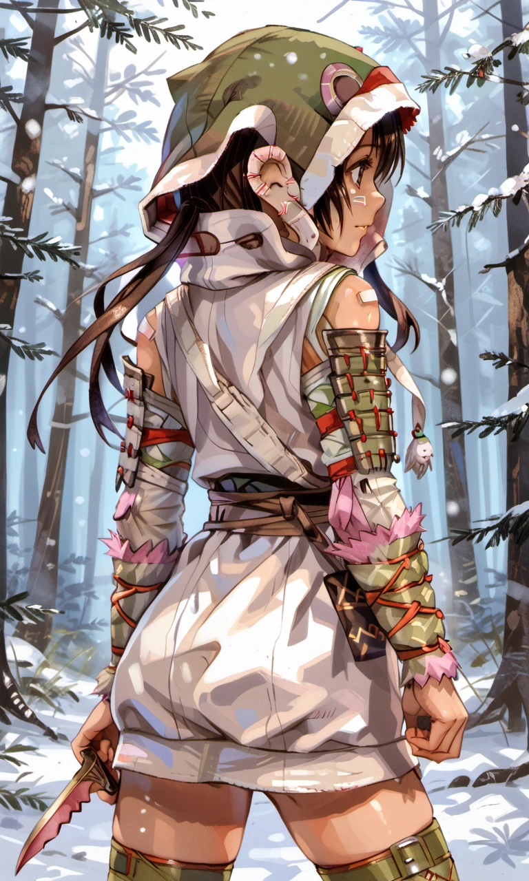 forest, from behind, looking back, battle_standing, aeterna, 1girl, brown eyes, brown hair, short hair, face plaster, animal hood, hooded jacket, detached sleeves, shoulder armor, keychain, thighhighs, thigh belts, shoes, shoulder bag, dagger, 